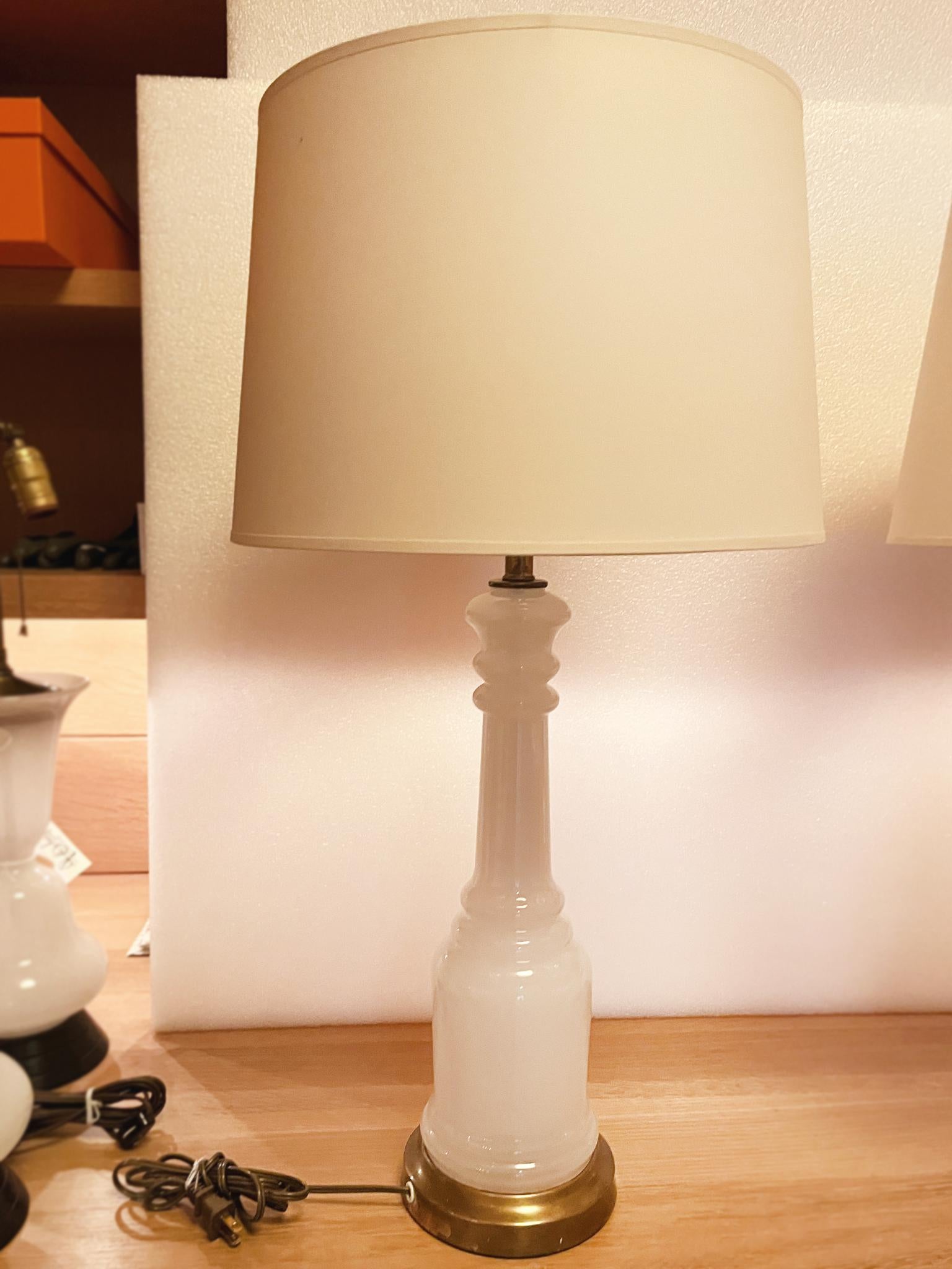 Brass 1940s Opalescent Glass Column Table Lamps - a Pair
