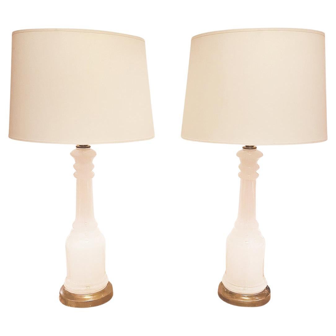 1940s Opalescent Glass Column Table Lamps - a Pair