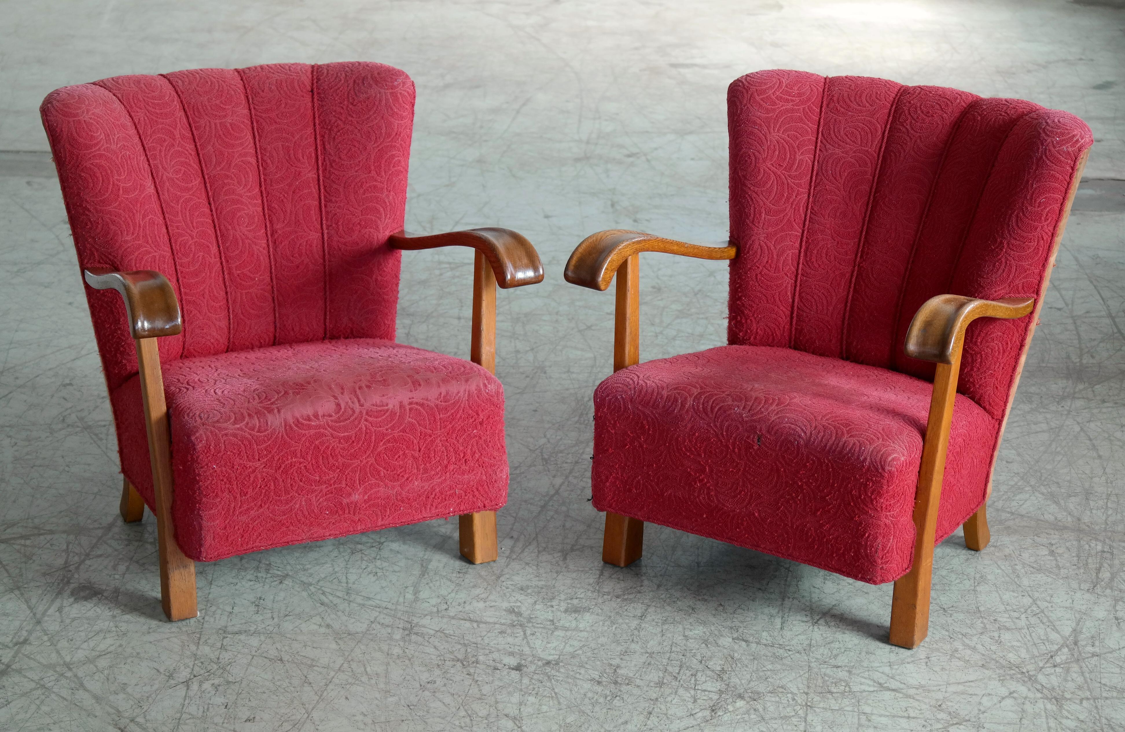 Mid-Century Modern 1940s Open Arm Lounge Club Chairs Attributed to Fritz Hansen Danish Midcentury