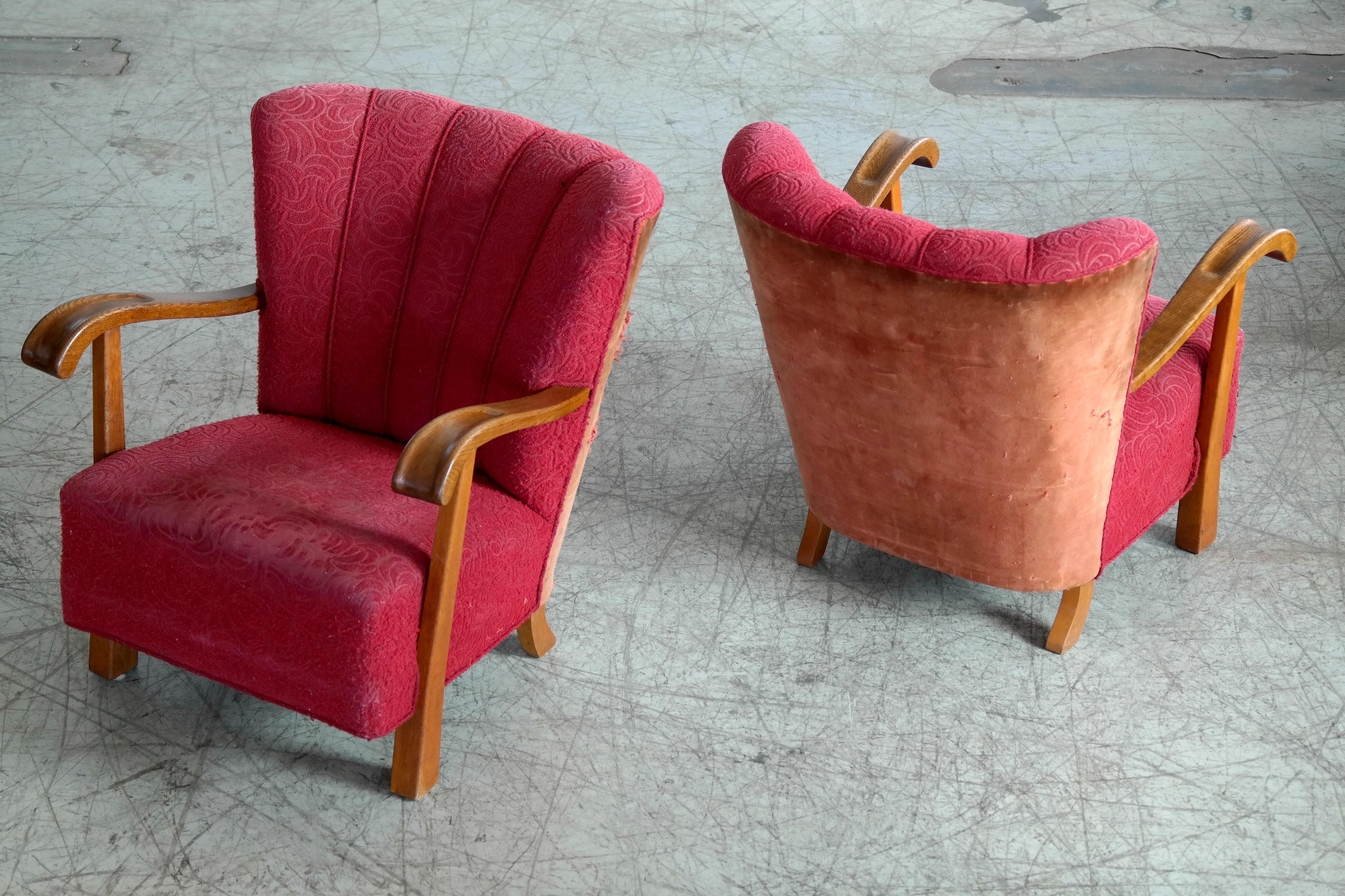 Mid-20th Century 1940s Open Arm Lounge Club Chairs Attributed to Fritz Hansen Danish Midcentury