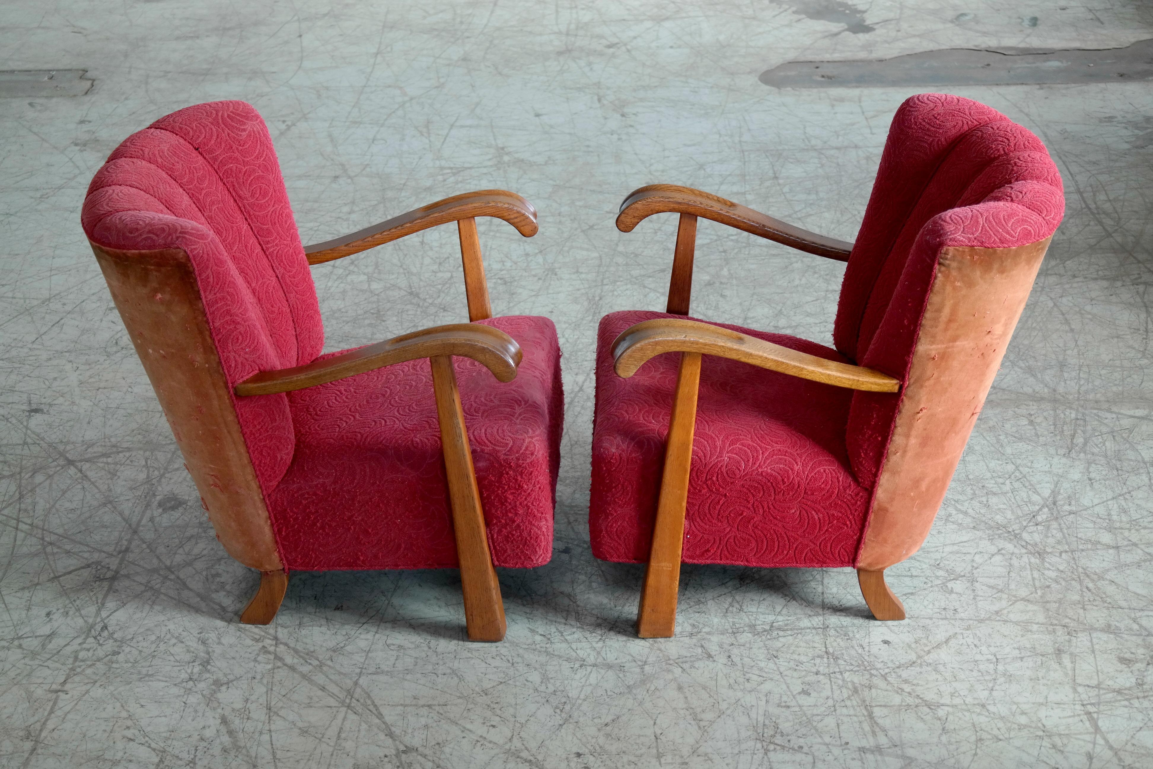 Wool 1940s Open Arm Lounge Club Chairs Attributed to Fritz Hansen Danish Midcentury