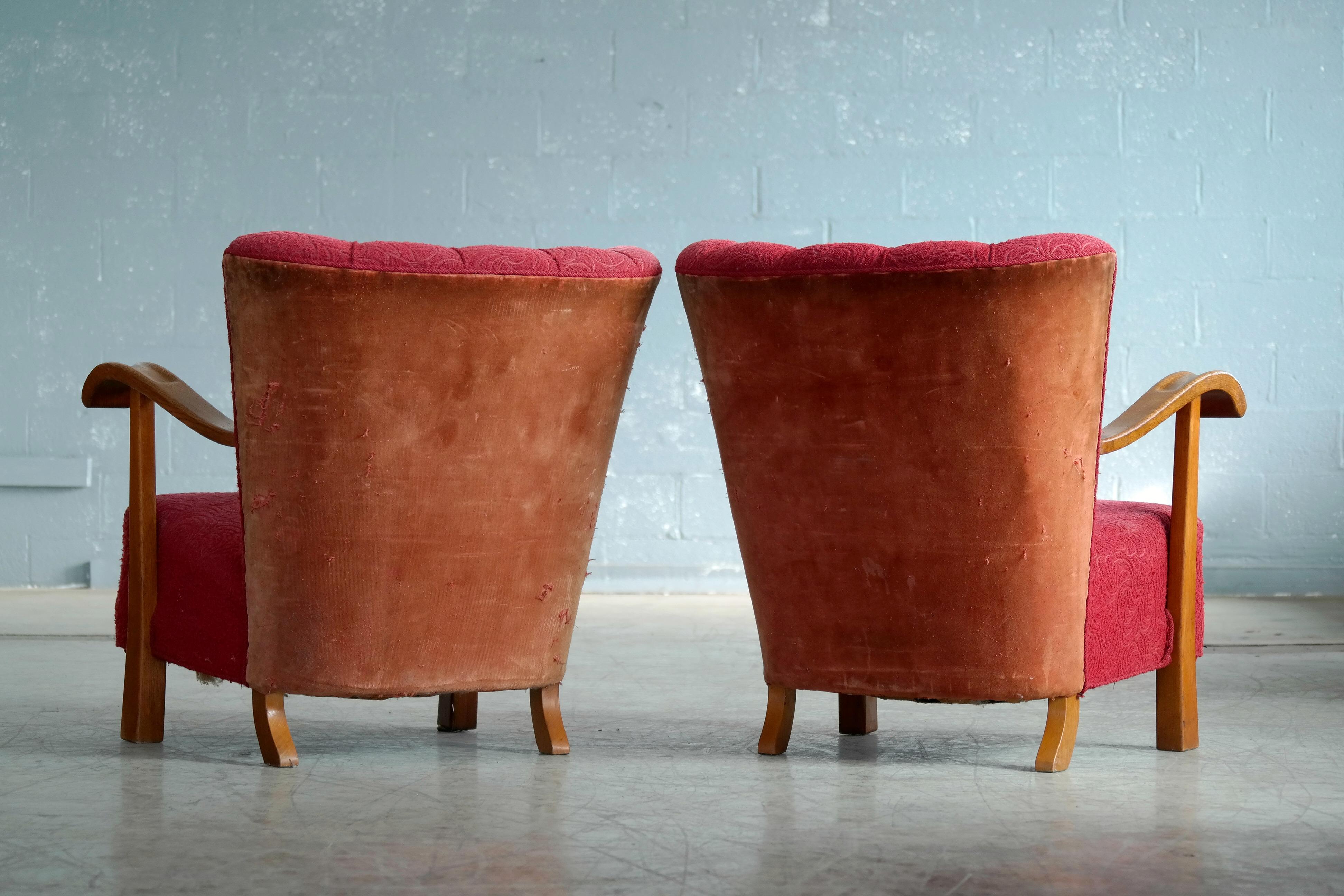 1940s Open Arm Lounge Club Chairs Attributed to Fritz Hansen Danish Midcentury 1