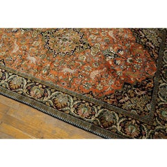 1940s Orange Apricot Medallion Floral Antique Isfahan Knotted Qum Silk Rug