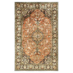 1940s Orange Apricot Medallion Floral Antique Isfahan Knotted Qum Silk Rug