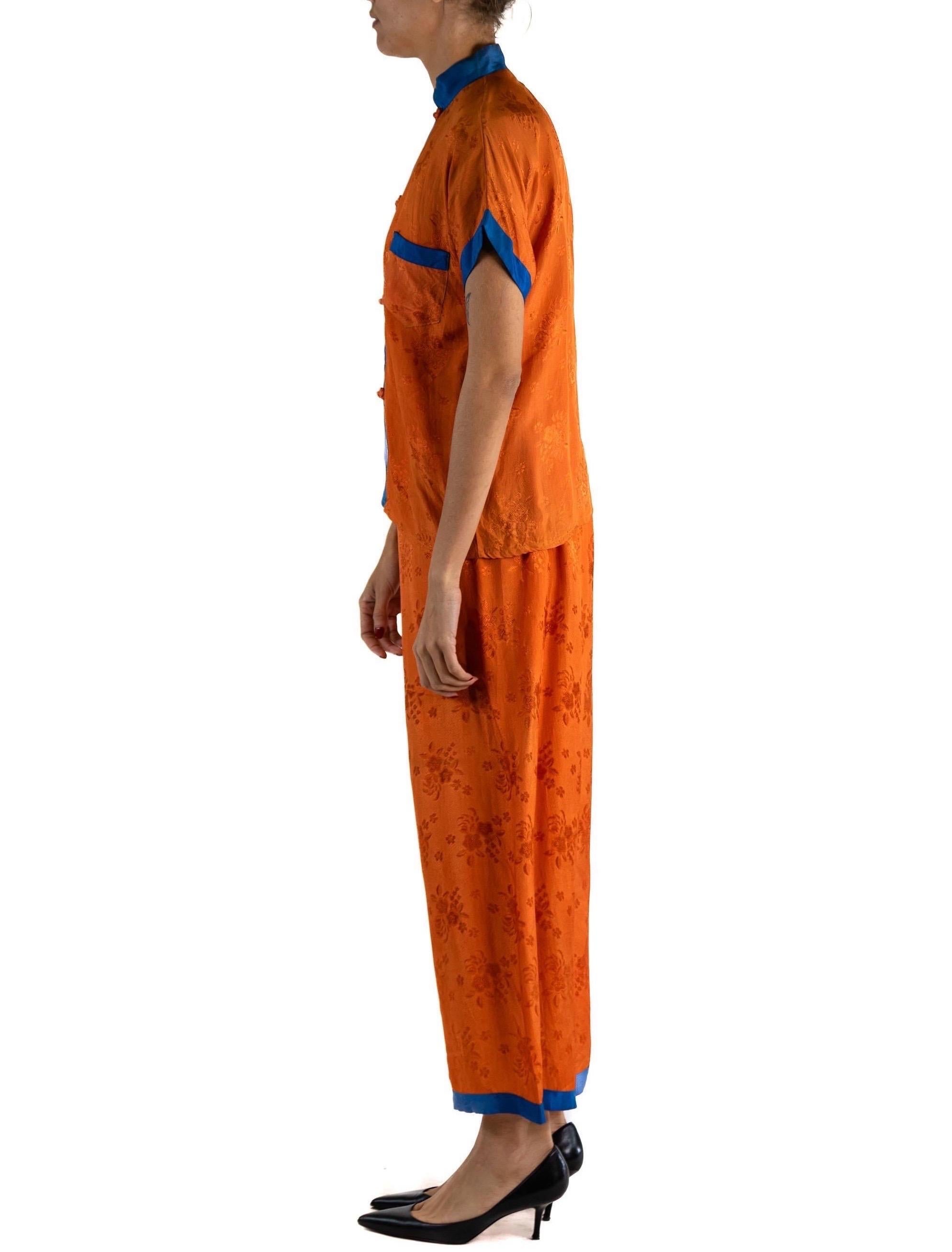 Women's or Men's 1940S Orange & Blue Silk Jacquard Pajamas With Dragon  Embroidery For Sale