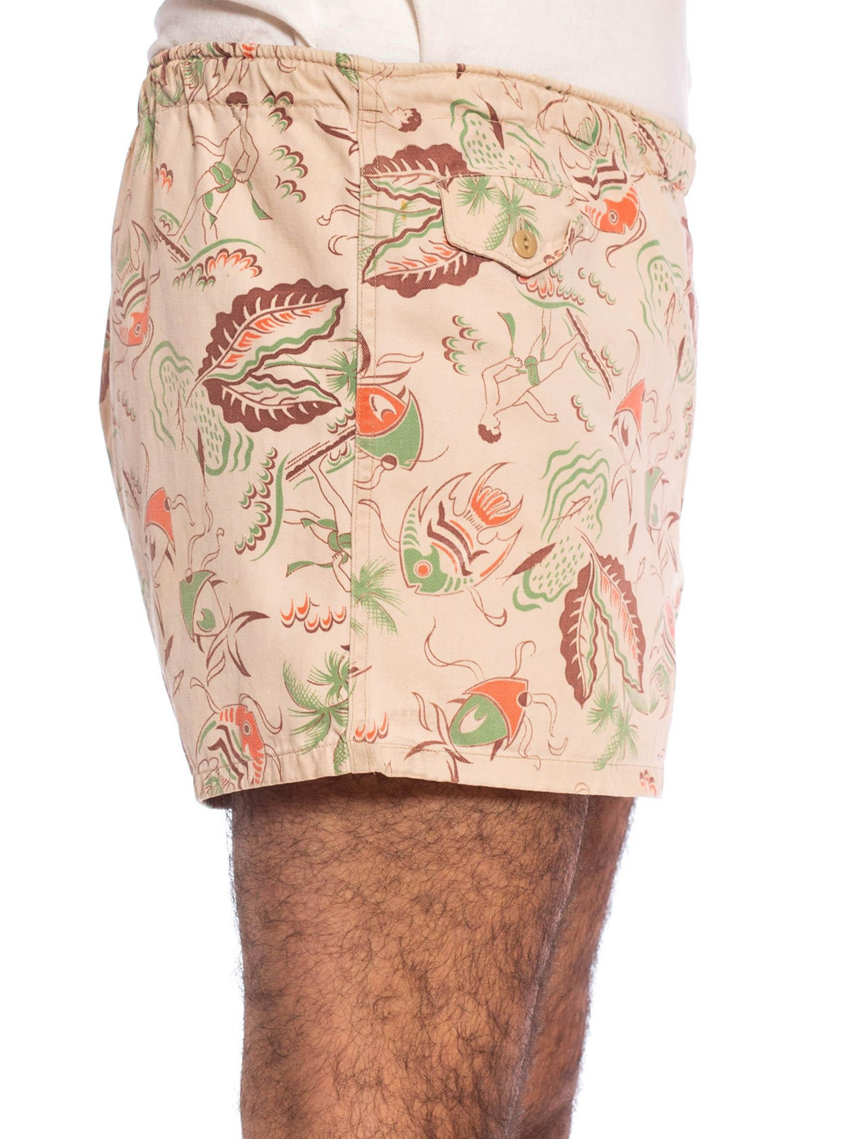 1940S Orange, Brown & Green Tropical Cotton Twill Men's Hawaiian Surfer Fish Print Swim Shorts