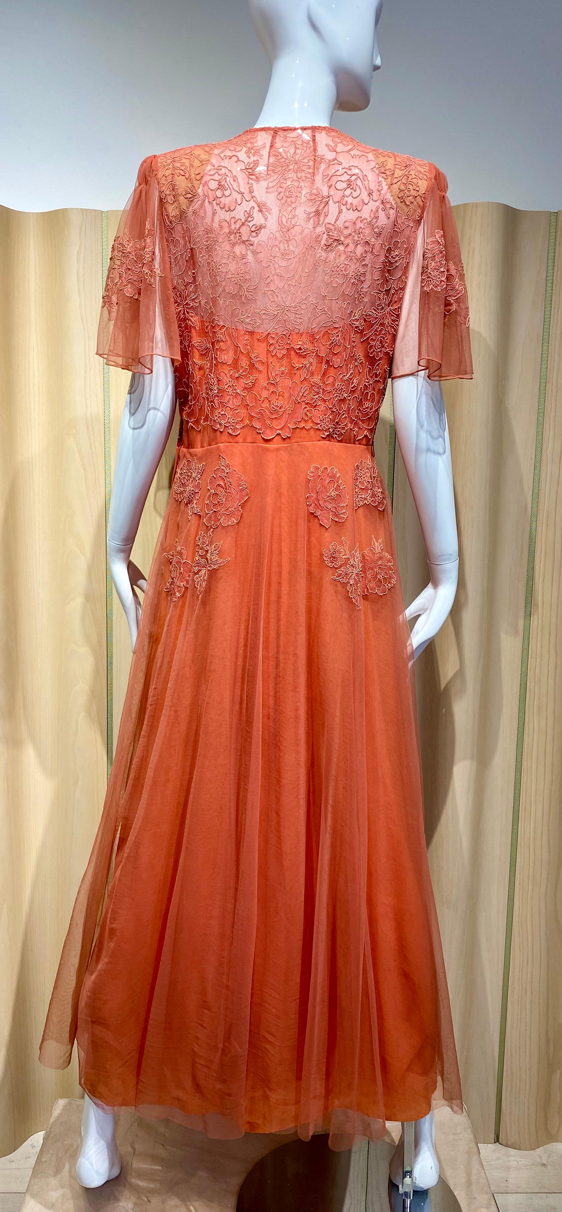 Vestido de cóctel de encaje naranja mandarina de los años 40 en venta 5