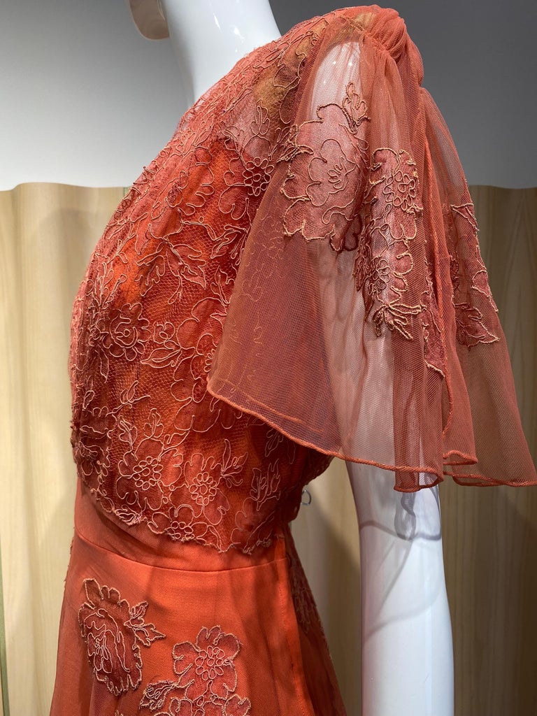 1940s Orange Tangerine Lace Cocktail Dress