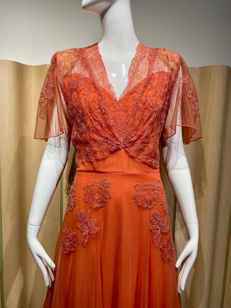 1940s Orange Tangerine Lace Cocktail Dress For Sale at 1stDibs