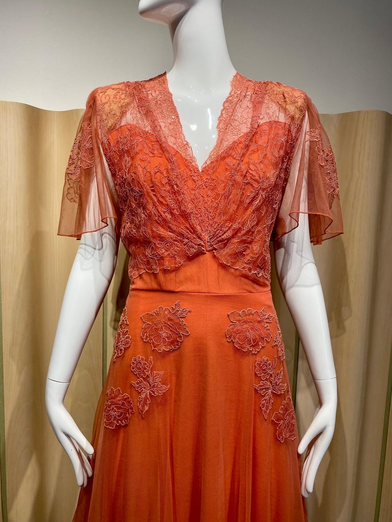 1940s Orange Tangerine Lace Cocktail Dress For Sale at 1stDibs | 1940s  dresses, 1940's evening dress, 1940s evening dress