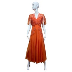 Vintage 1940s Orange Tangerine Lace Cocktail Dress
