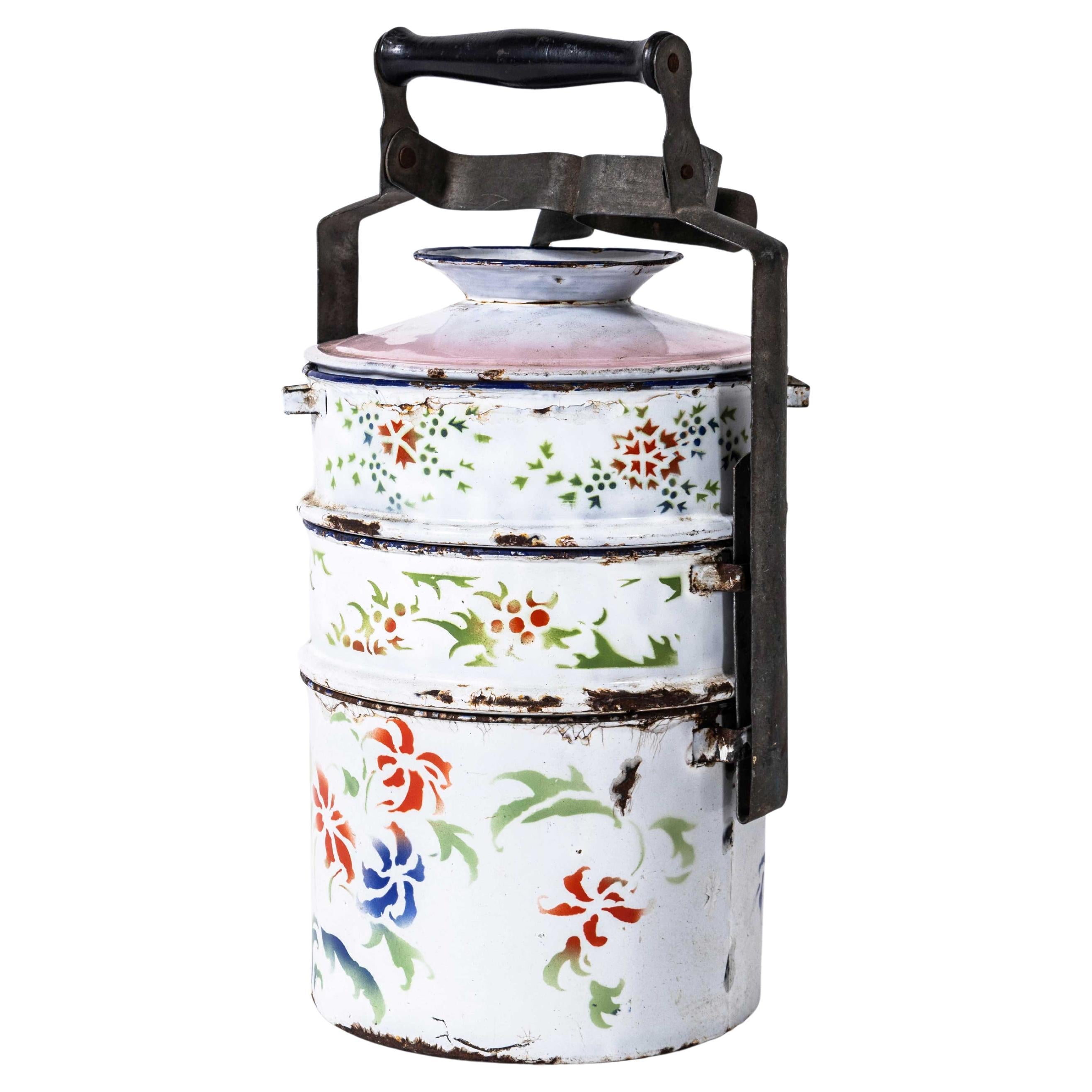 1940's Original Enamel Tiffin Carrier - Decorated White