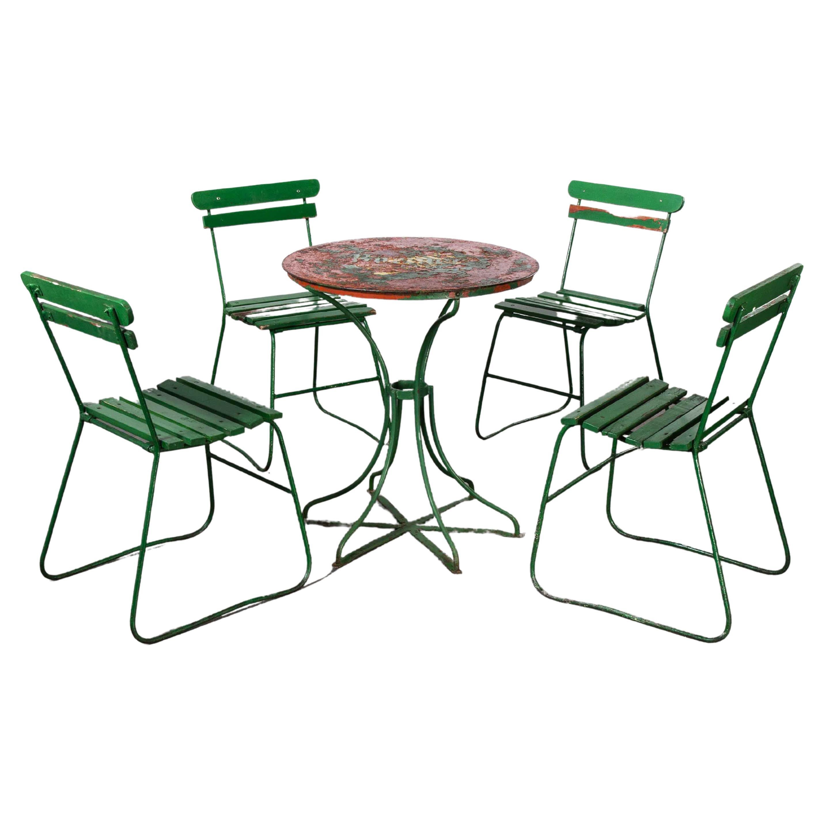 1940's Original French Green Garden Set, Table and Four Chairs