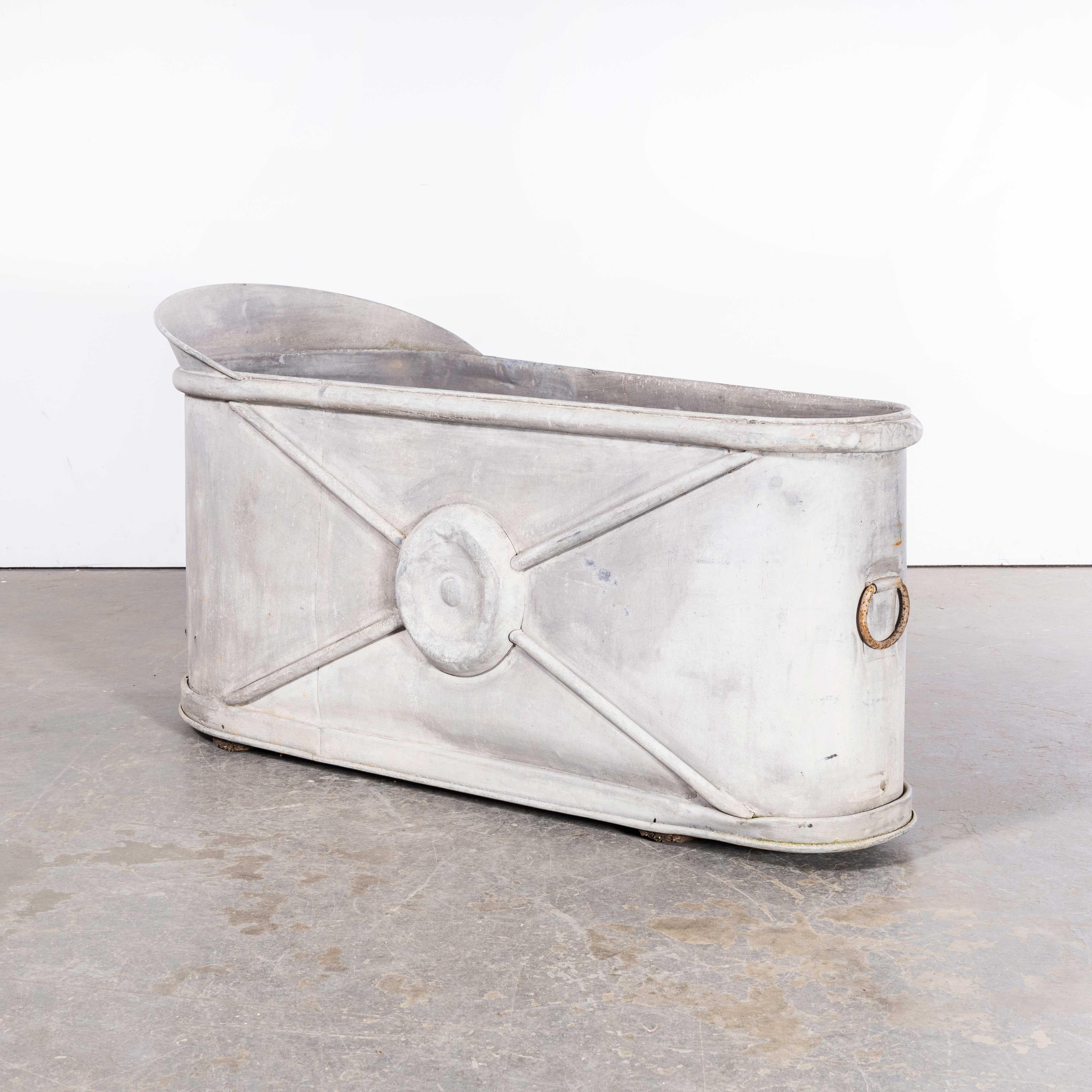 1940’s Original French Zinc – Galvanised Bath – Planter
1940’s Original French Zinc – Galvanised Bath – Planter. Good example of an early original French zinc bath that makes a practical planter. The bath features excellent pressed detail and