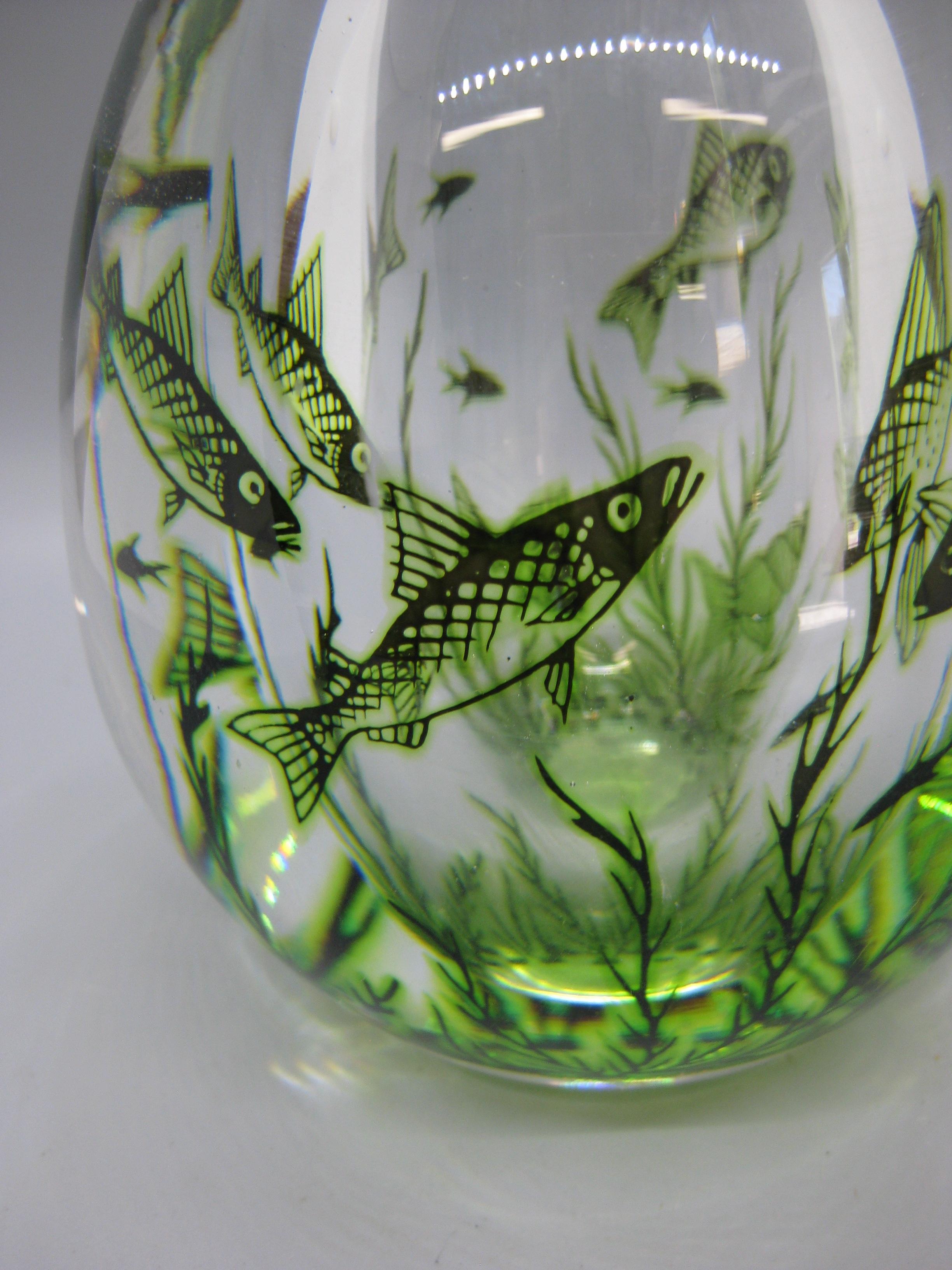 Wonderful Grall fish art glass vase Edward Hald for Orrefors and dates form the 1940's to early 1950's. Great design and form. Signed on the bottom by the artist. In excellent condition for its age.  No cracks, no repairs and no chips. Color is