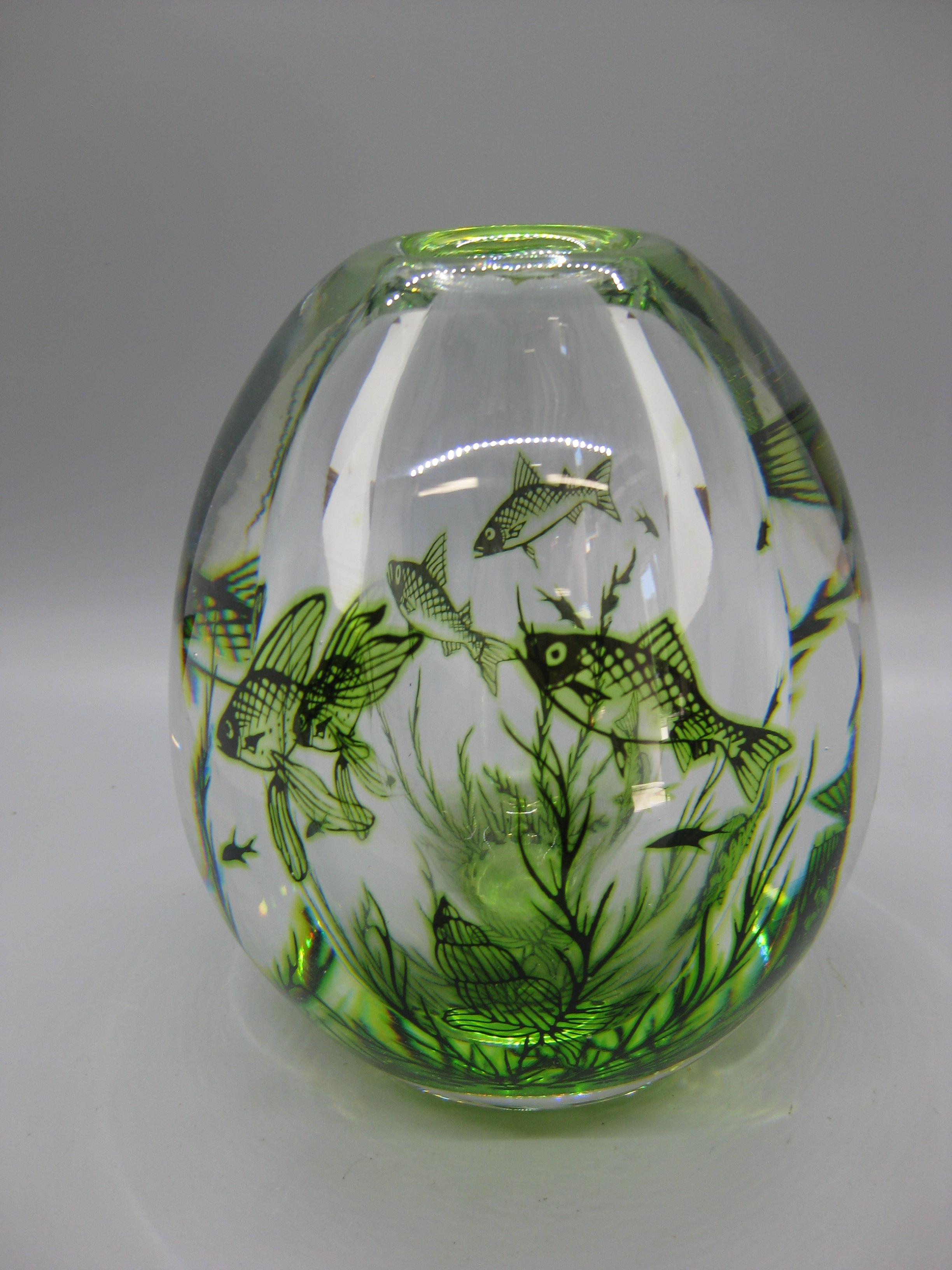Swedish 1940's Orrefors Edward Hald Graal Fish Art Glass Vase Sculpture Made in Sweden For Sale