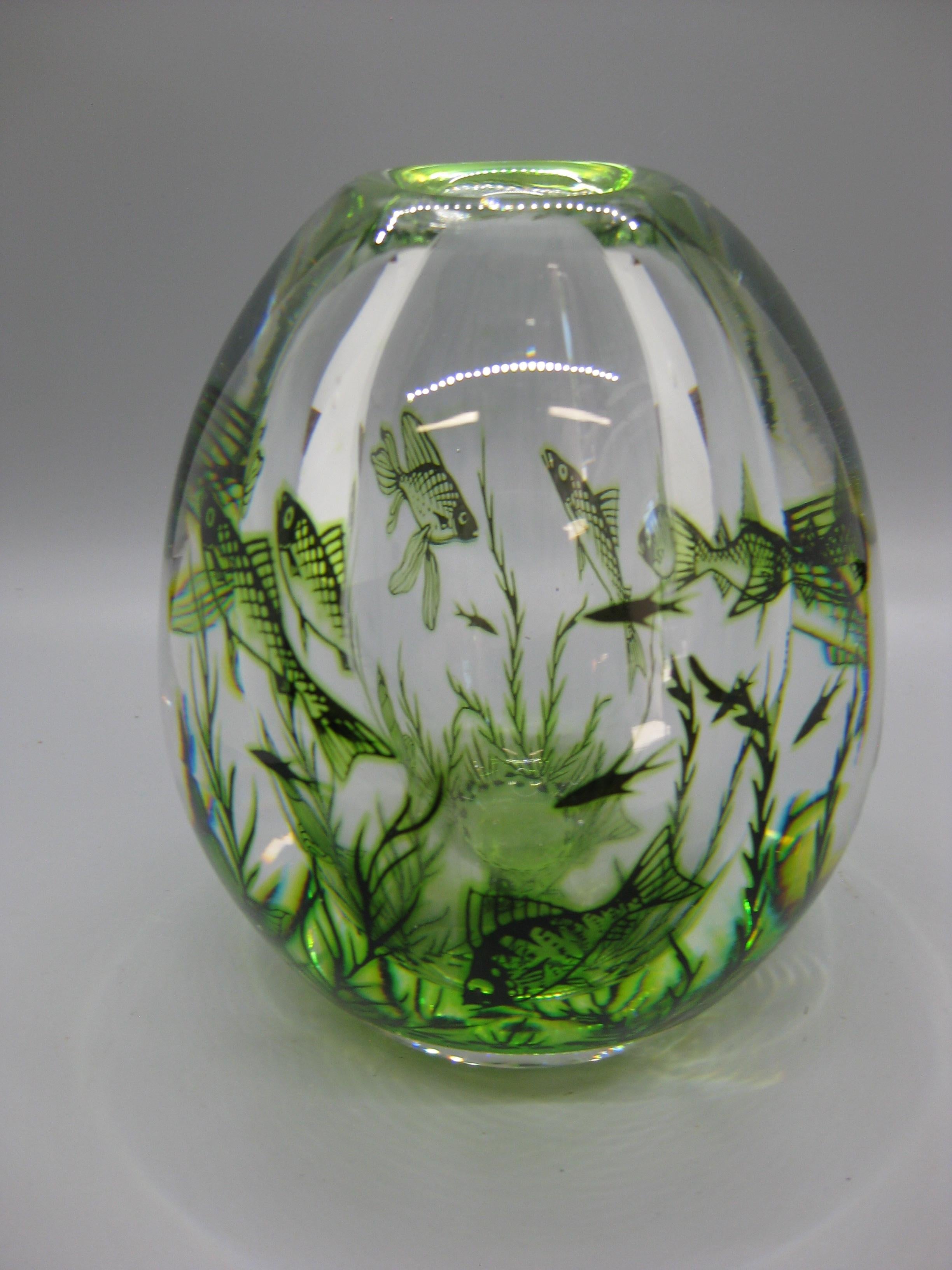20th Century 1940's Orrefors Edward Hald Graal Fish Art Glass Vase Sculpture Made in Sweden For Sale