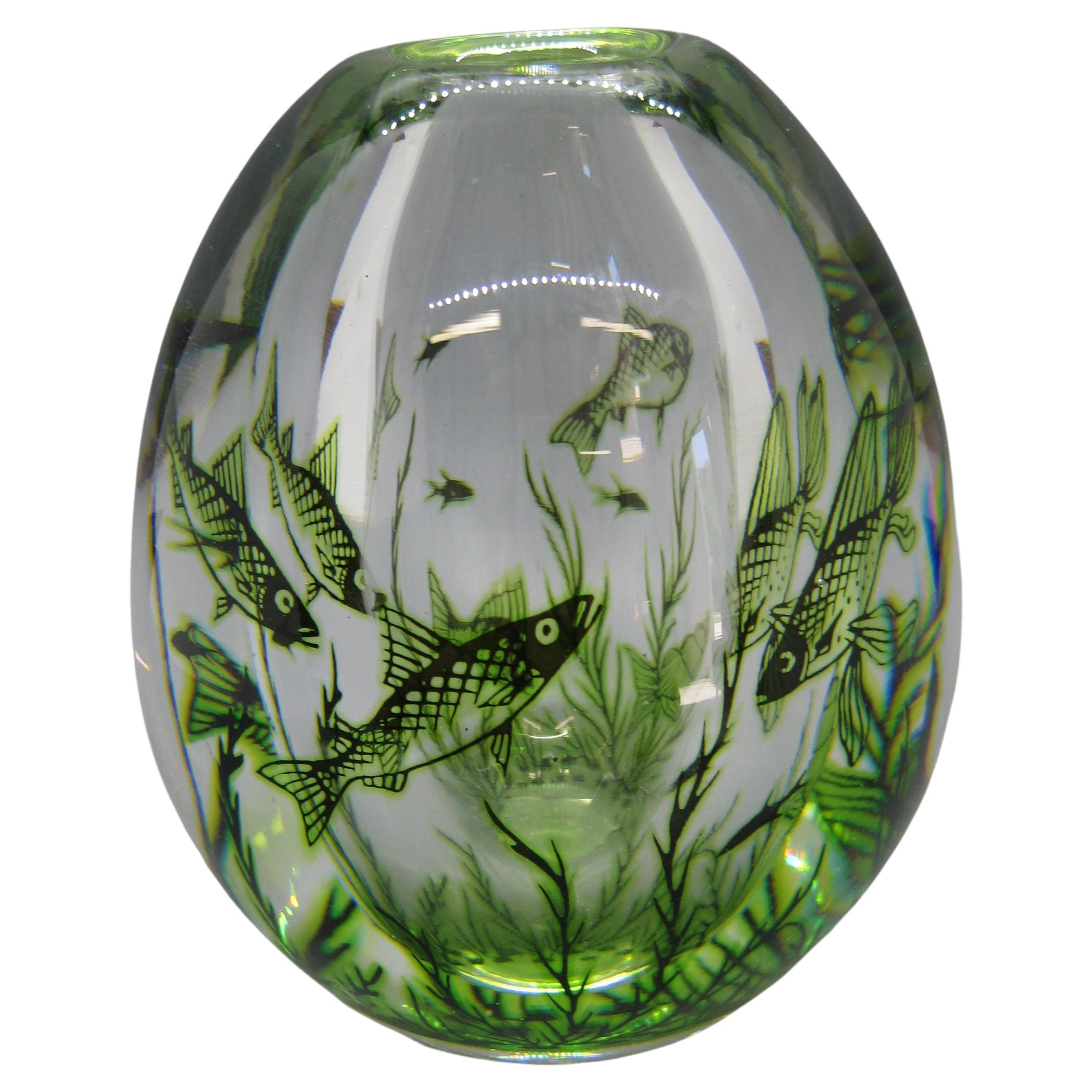 1940's Orrefors Edward Hald Graal Fish Art Glass Vase Sculpture Made in Sweden For Sale