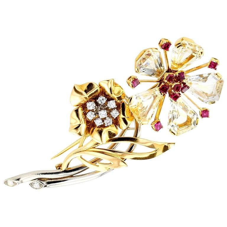 Retro 1940s Oscar Heyman Sapphire Ruby Diamond Gold Brooch For Sale