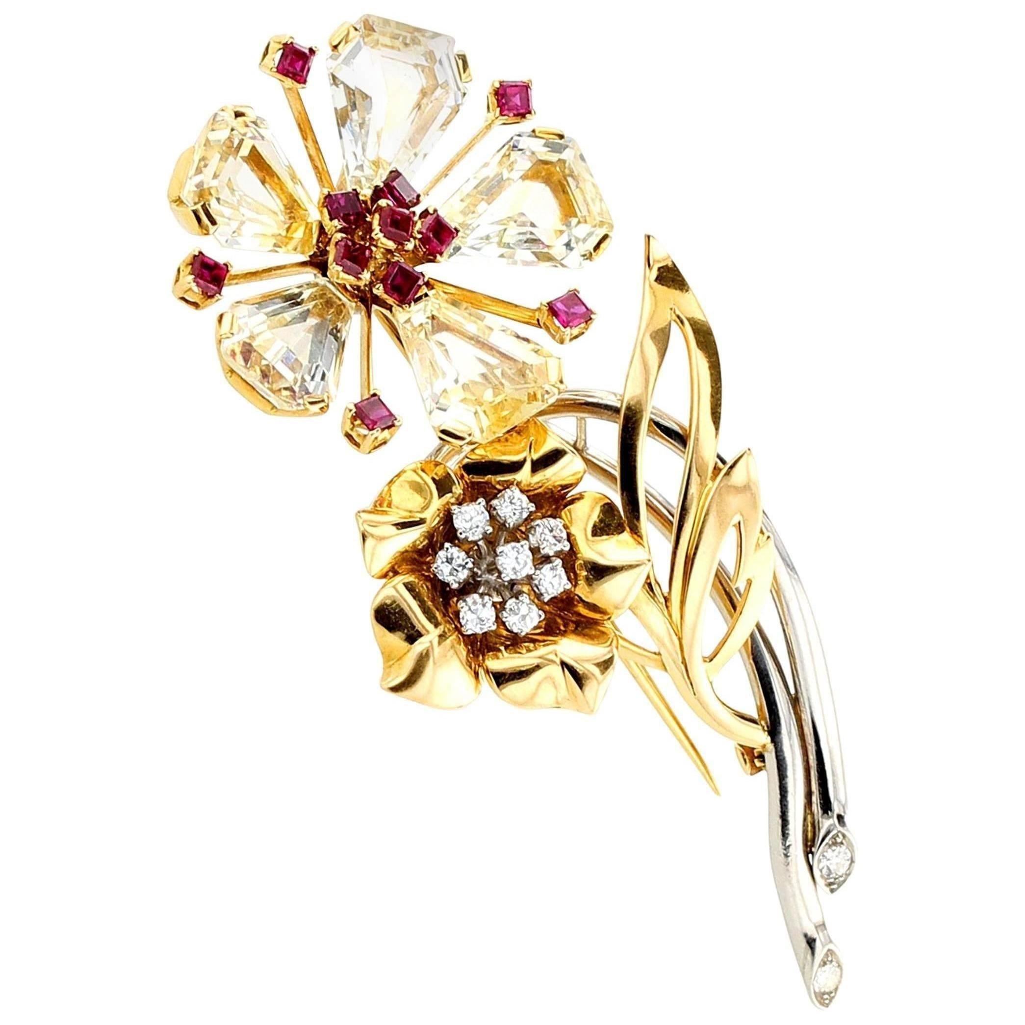 1940s Oscar Heyman Sapphire Ruby Diamond Gold Brooch For Sale