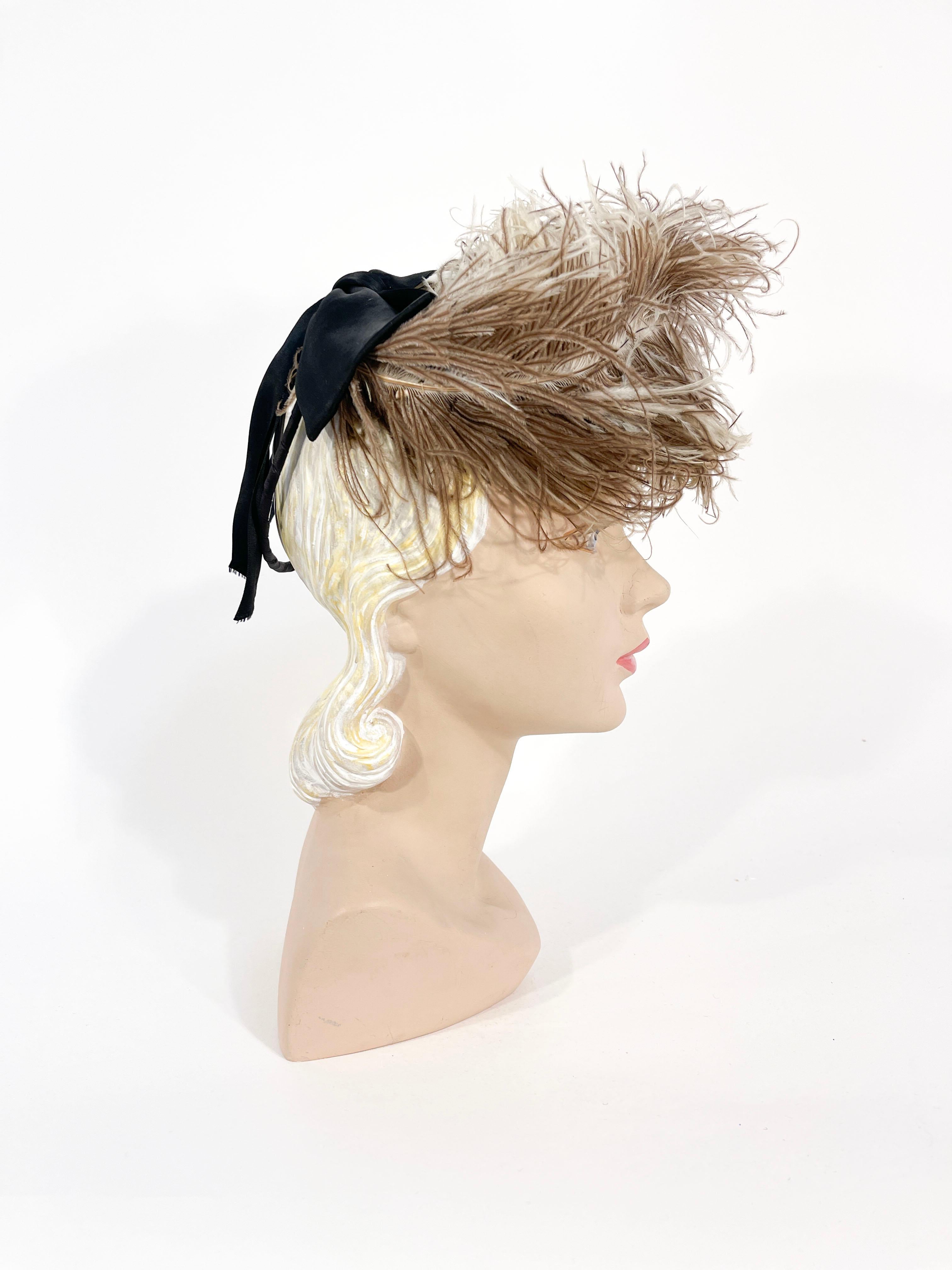 Beige 1940s Ostrich Feathered Perch Hat For Sale