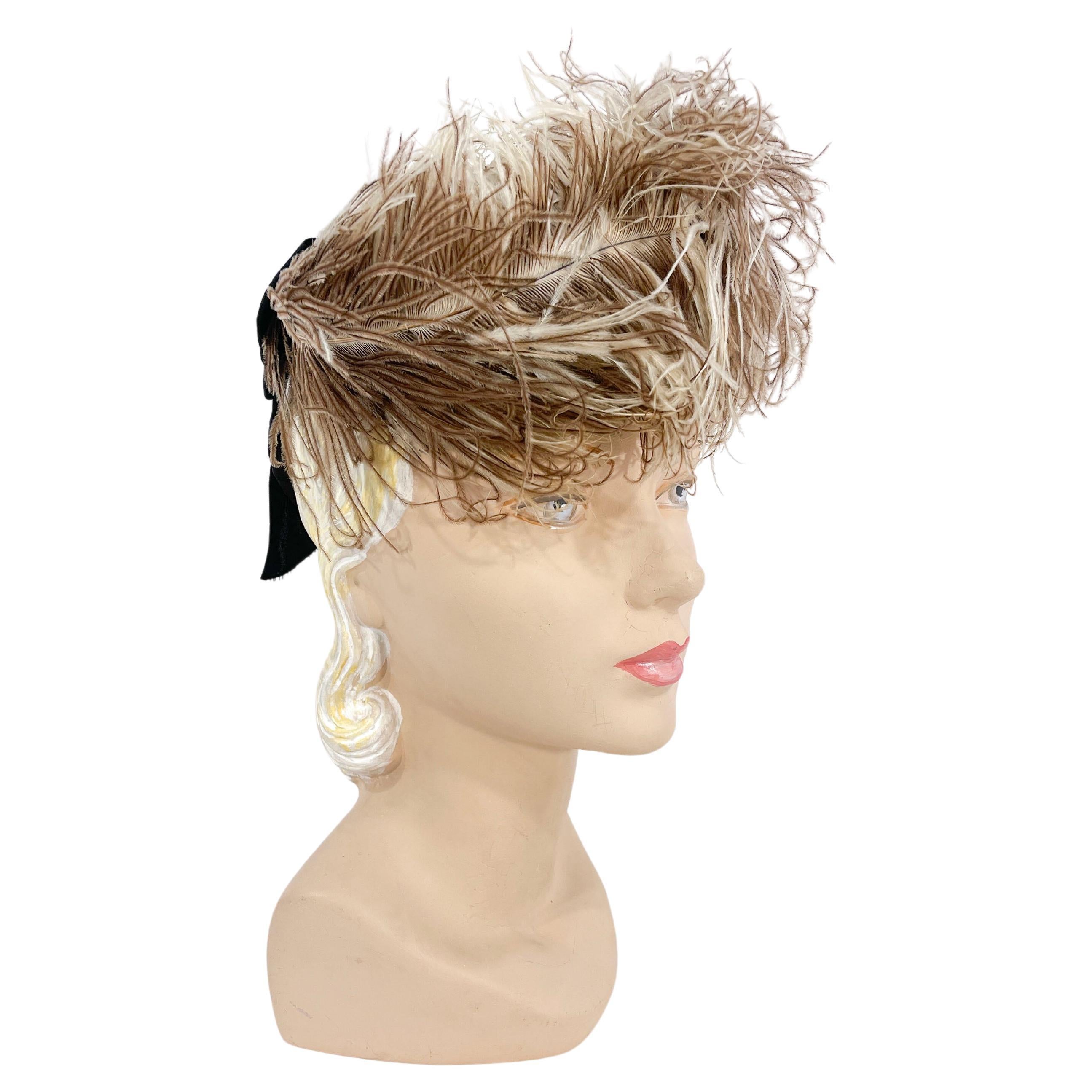 1940s Ostrich Feathered Perch Hat For Sale