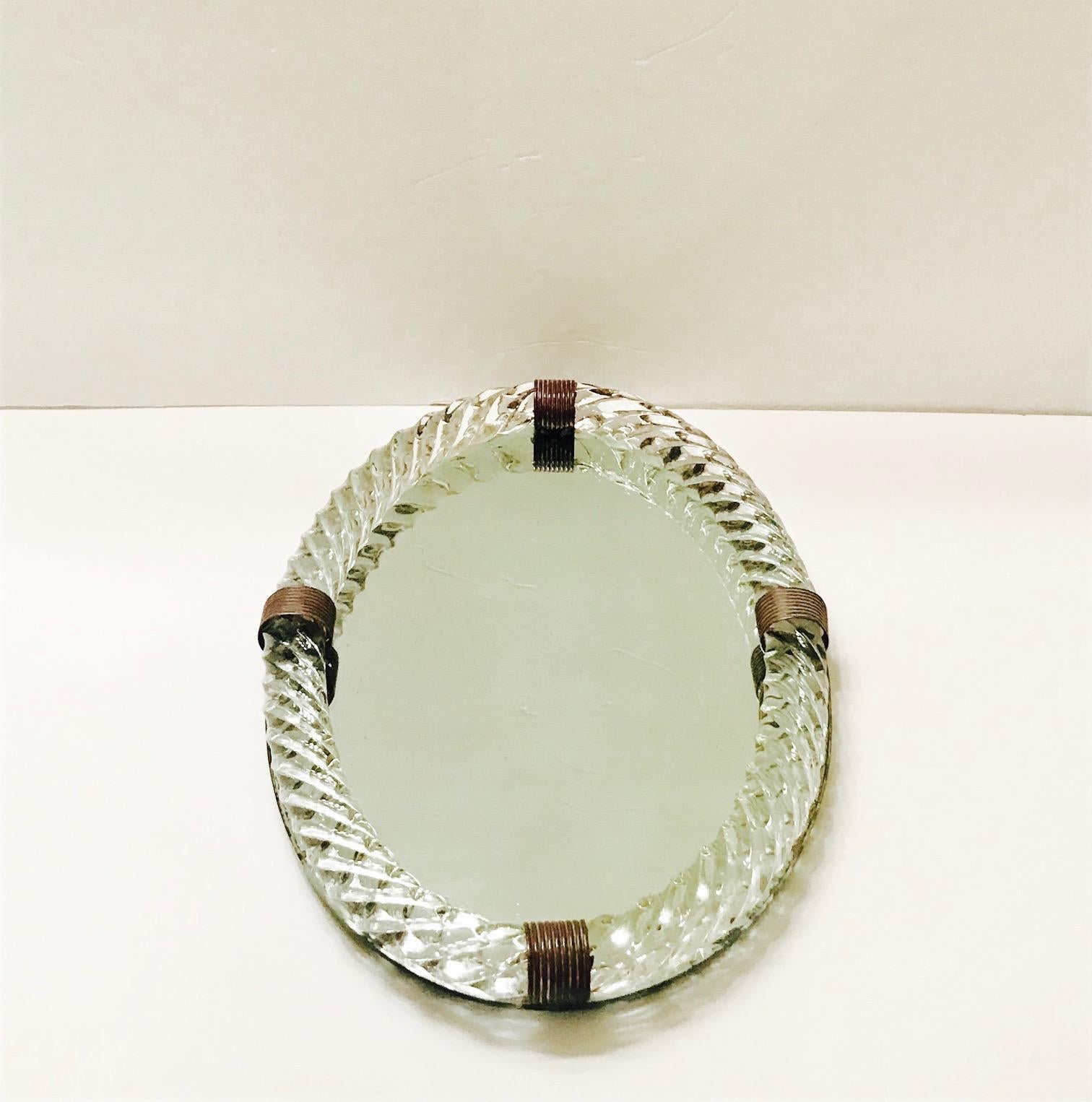 1940s Oval Murano Glass Rope and Mirrored Vanity Tray by Venini In Good Condition In Fort Lauderdale, FL