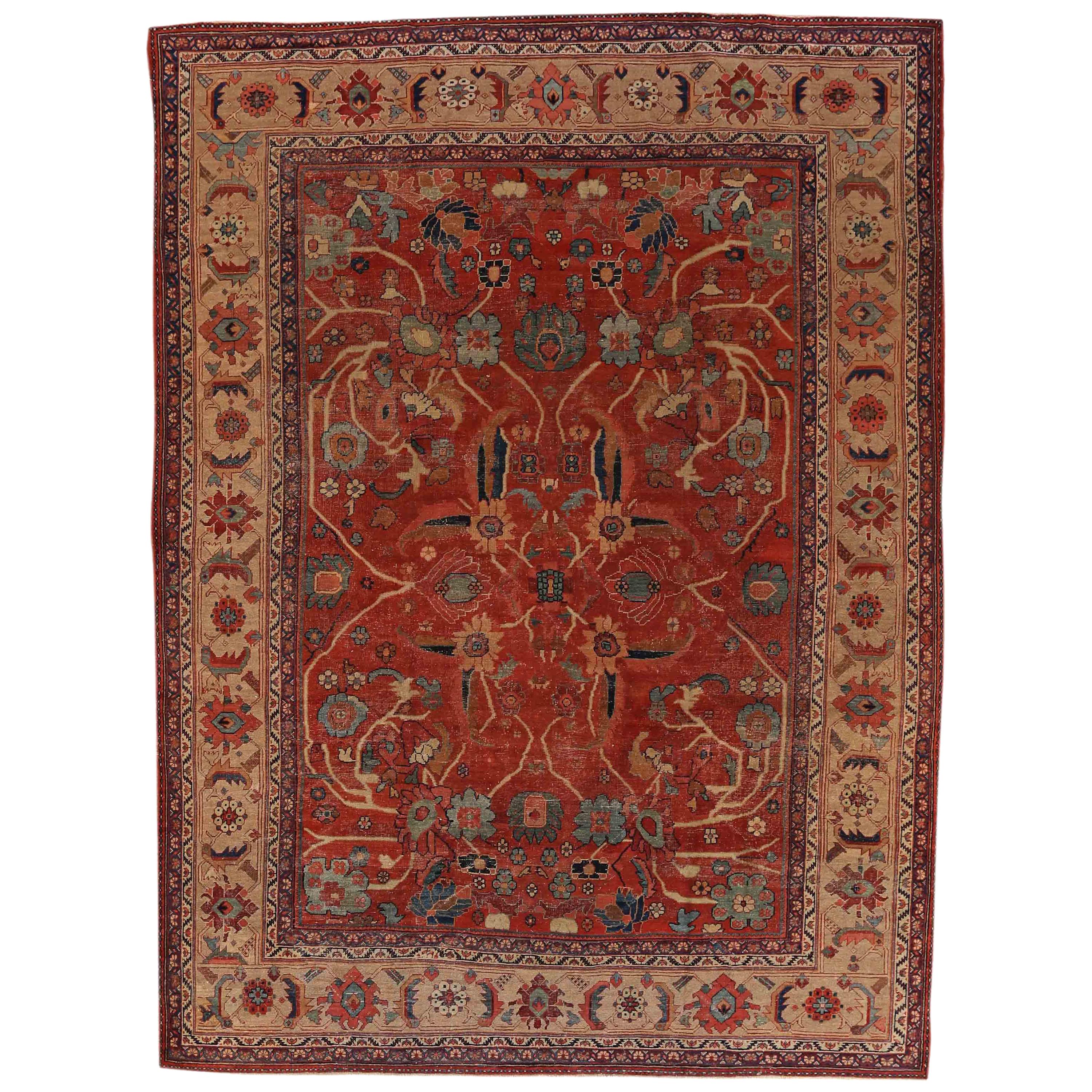 1940s Oversized Antique Sultanabad Persian Rug with Red and Black Floral Motif