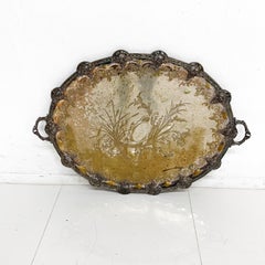 1940s Oversized Oval Butler's Serving Tray Silver Plate Ornate Decoration