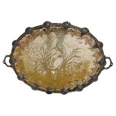 1940s Oversized Oval Butler's Serving Tray Silver Plate Ornate Decoration