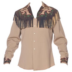 1940S Oyster Grey Wool Gabardine Custom Made Western Shirt With Embroidered Sue
