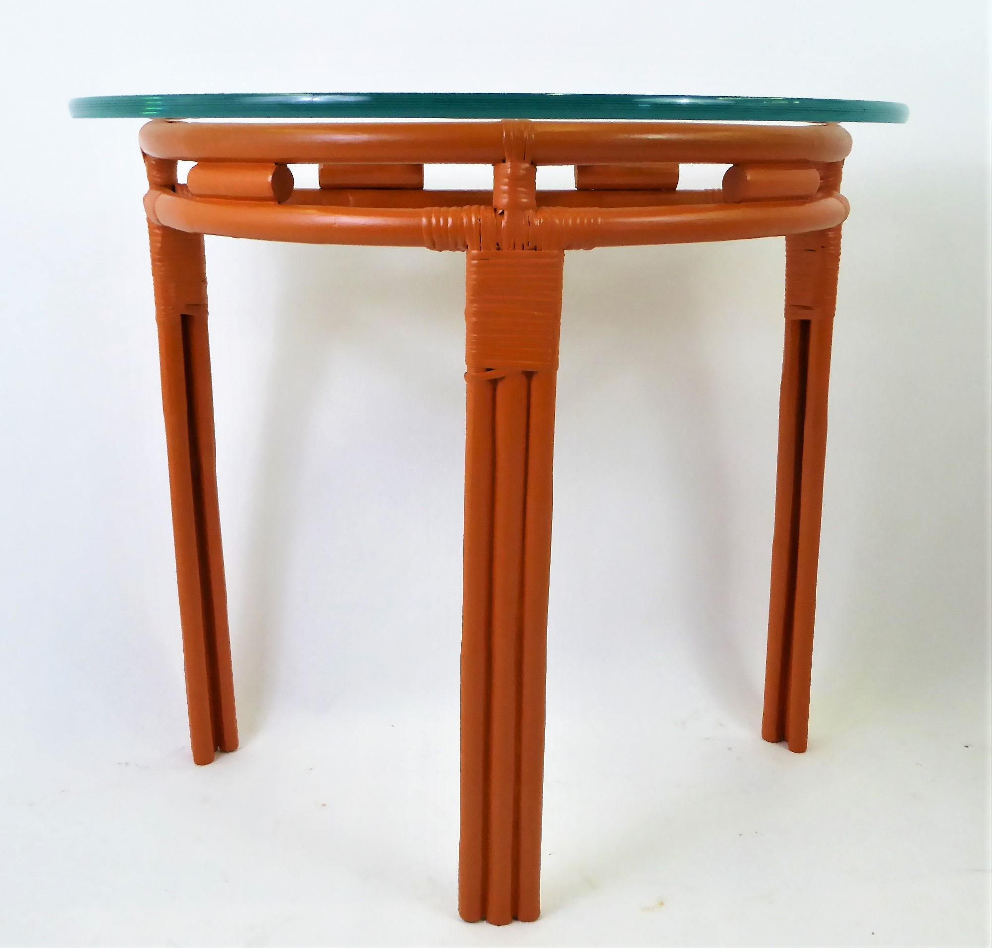 1940s Painted Rattan Demilune Glass Top Consoles in Hermes Orange 4
