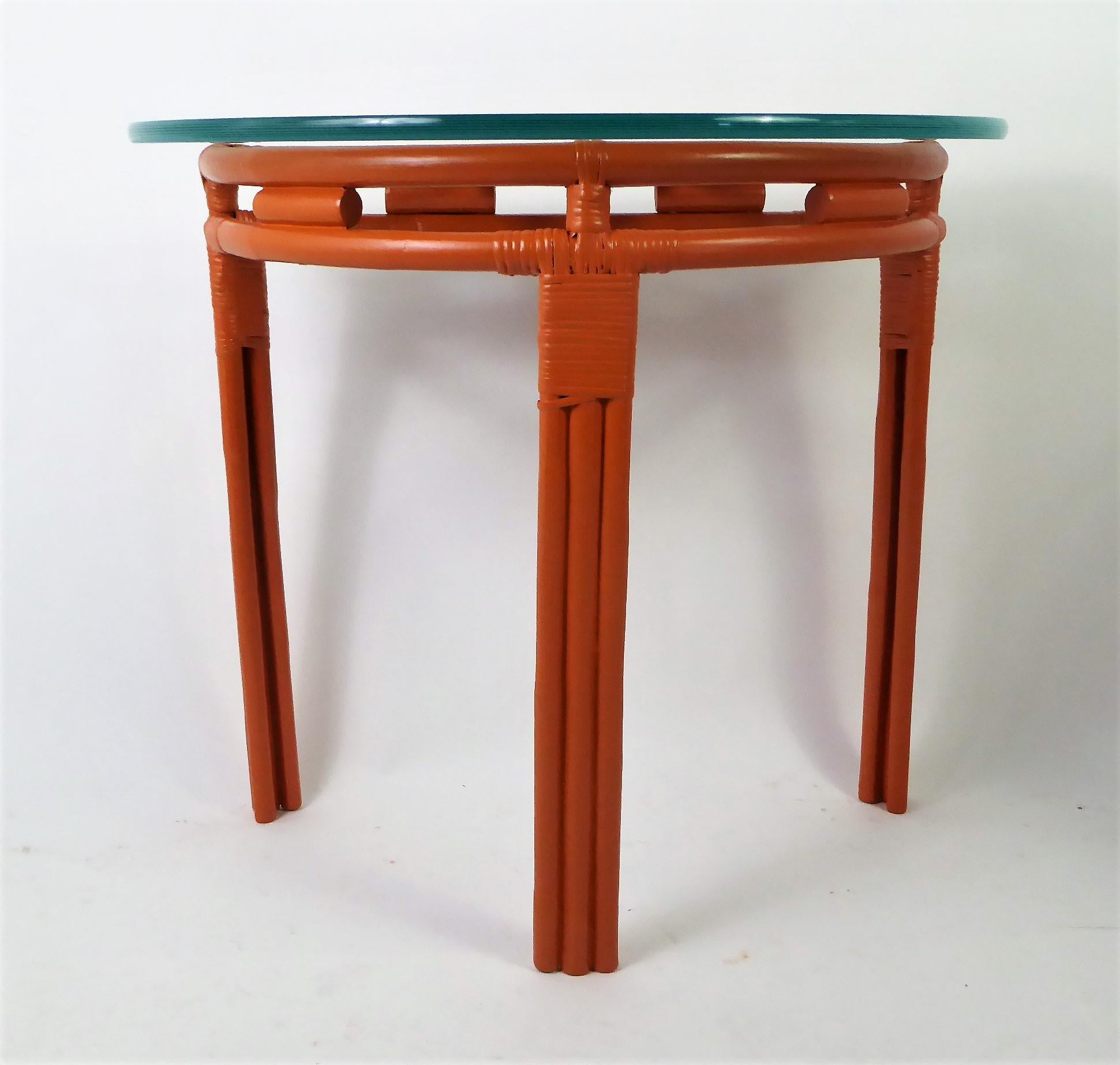 1940s Painted Rattan Demilune Glass Top Consoles in Hermes Orange 6