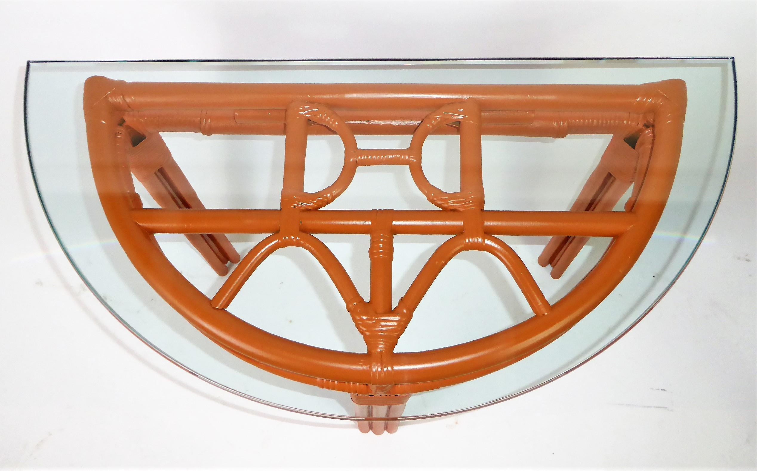 1940s Painted Rattan Demilune Glass Top Consoles in Hermes Orange 7