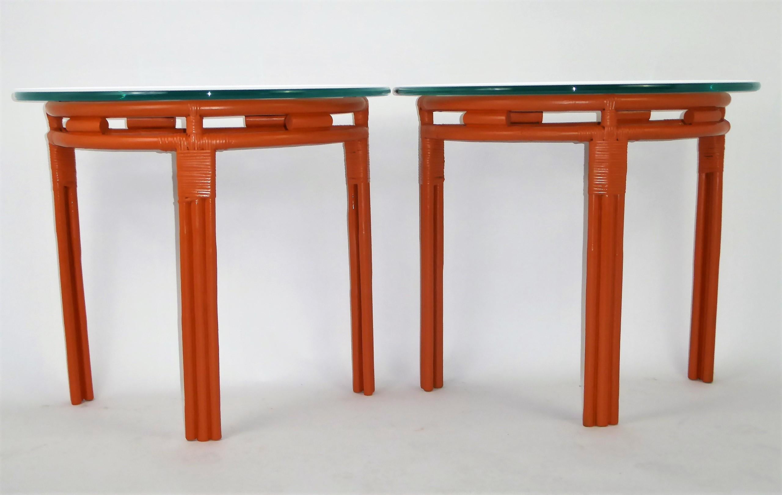 1940s Painted Rattan Demilune Glass Top Consoles in Hermes Orange 8