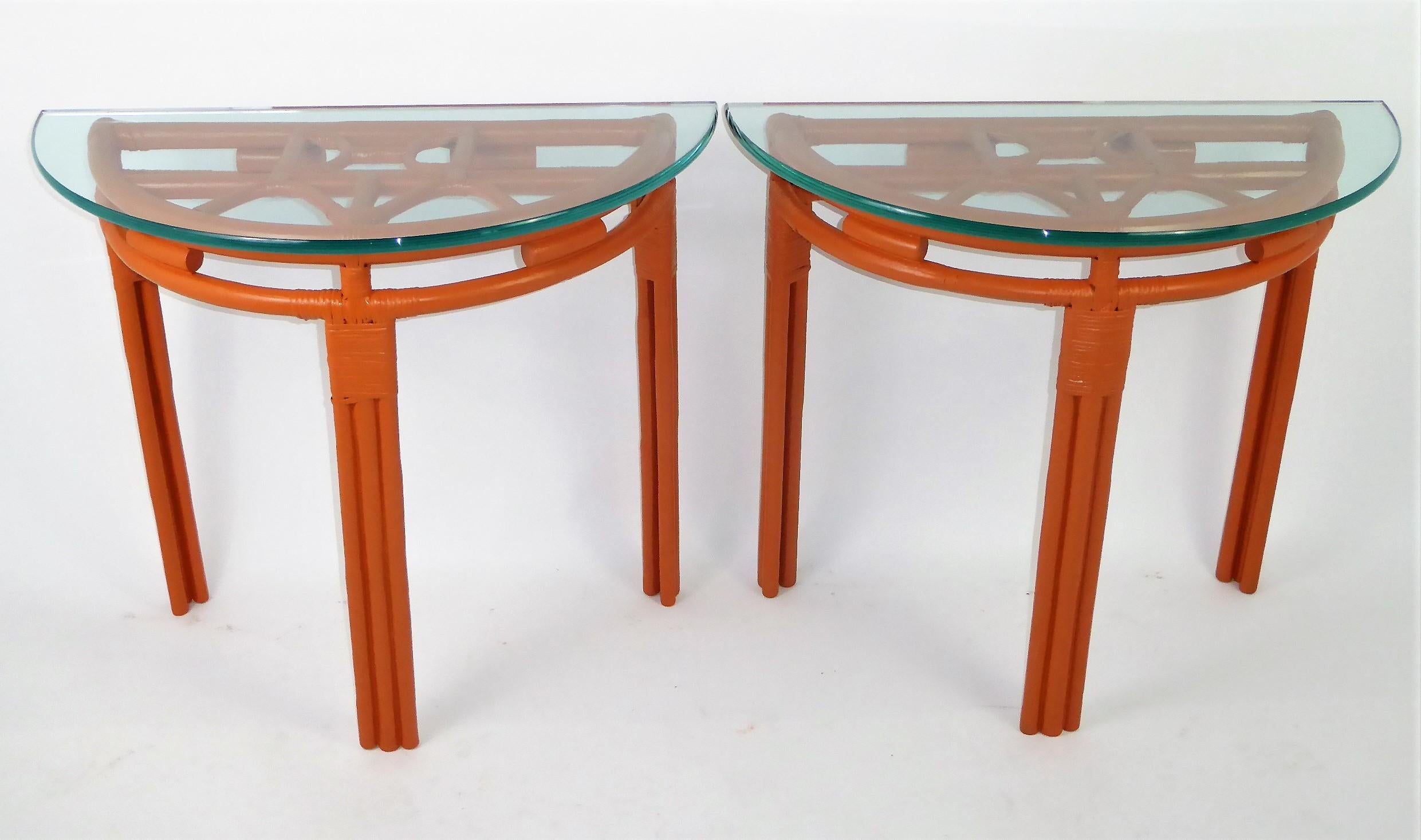 1940s Painted Rattan Demilune Glass Top Consoles in Hermes Orange 9