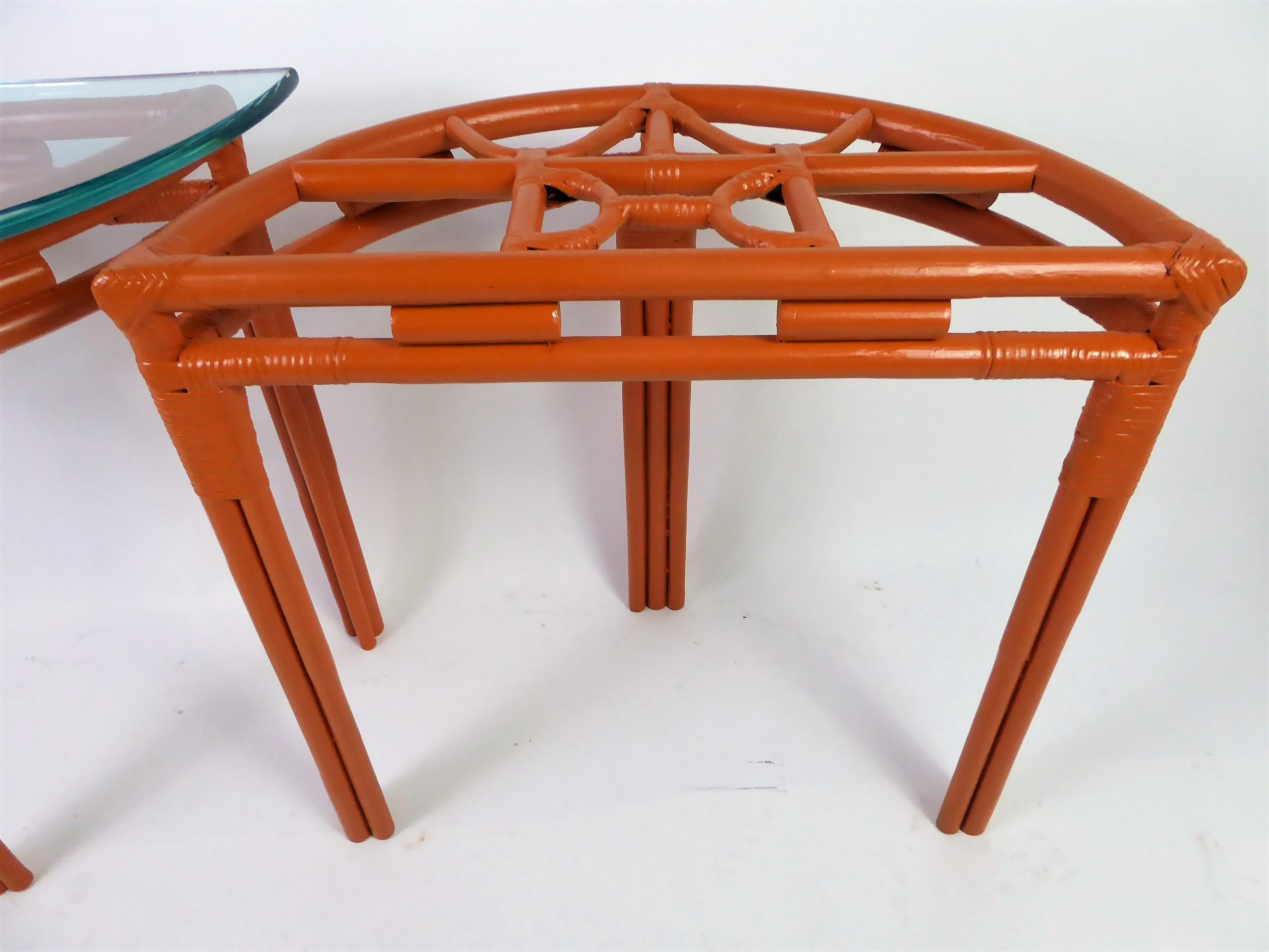 1940s Painted Rattan Demilune Glass Top Consoles in Hermes Orange 10