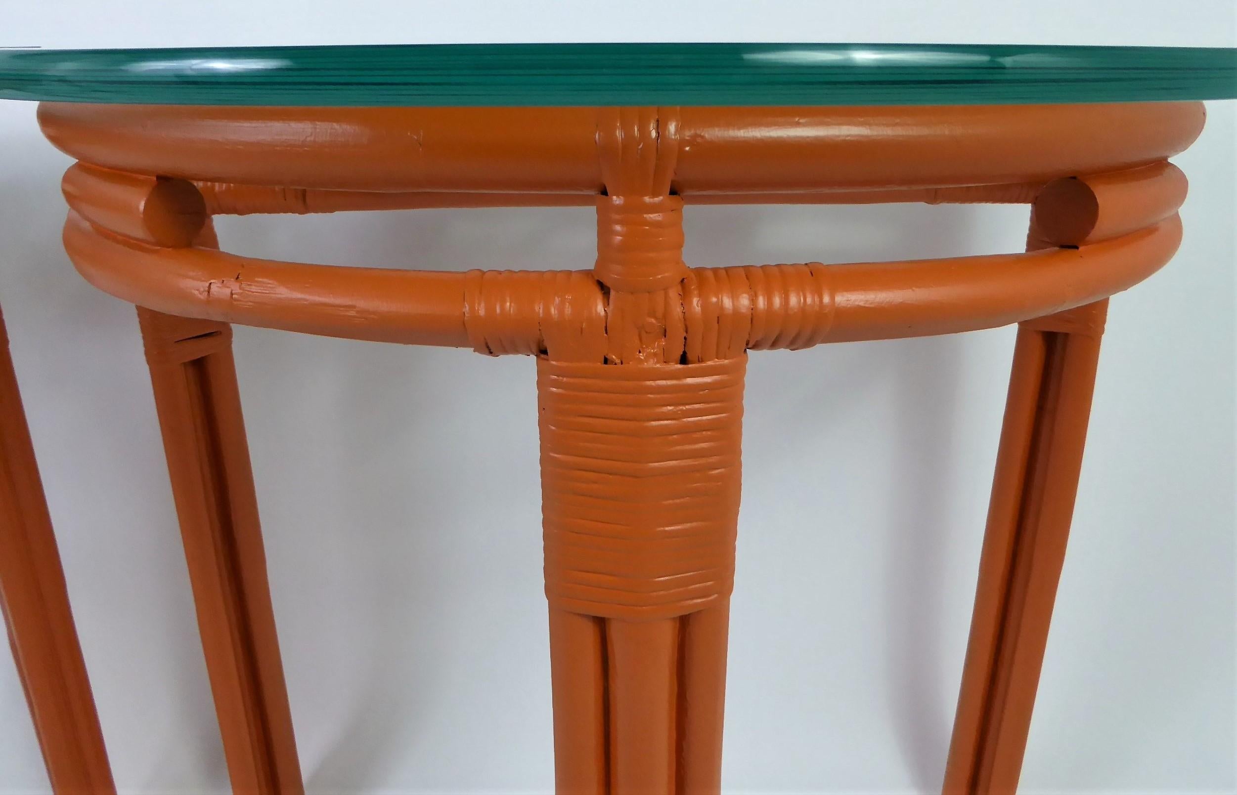 1940s Painted Rattan Demilune Glass Top Consoles in Hermes Orange 11