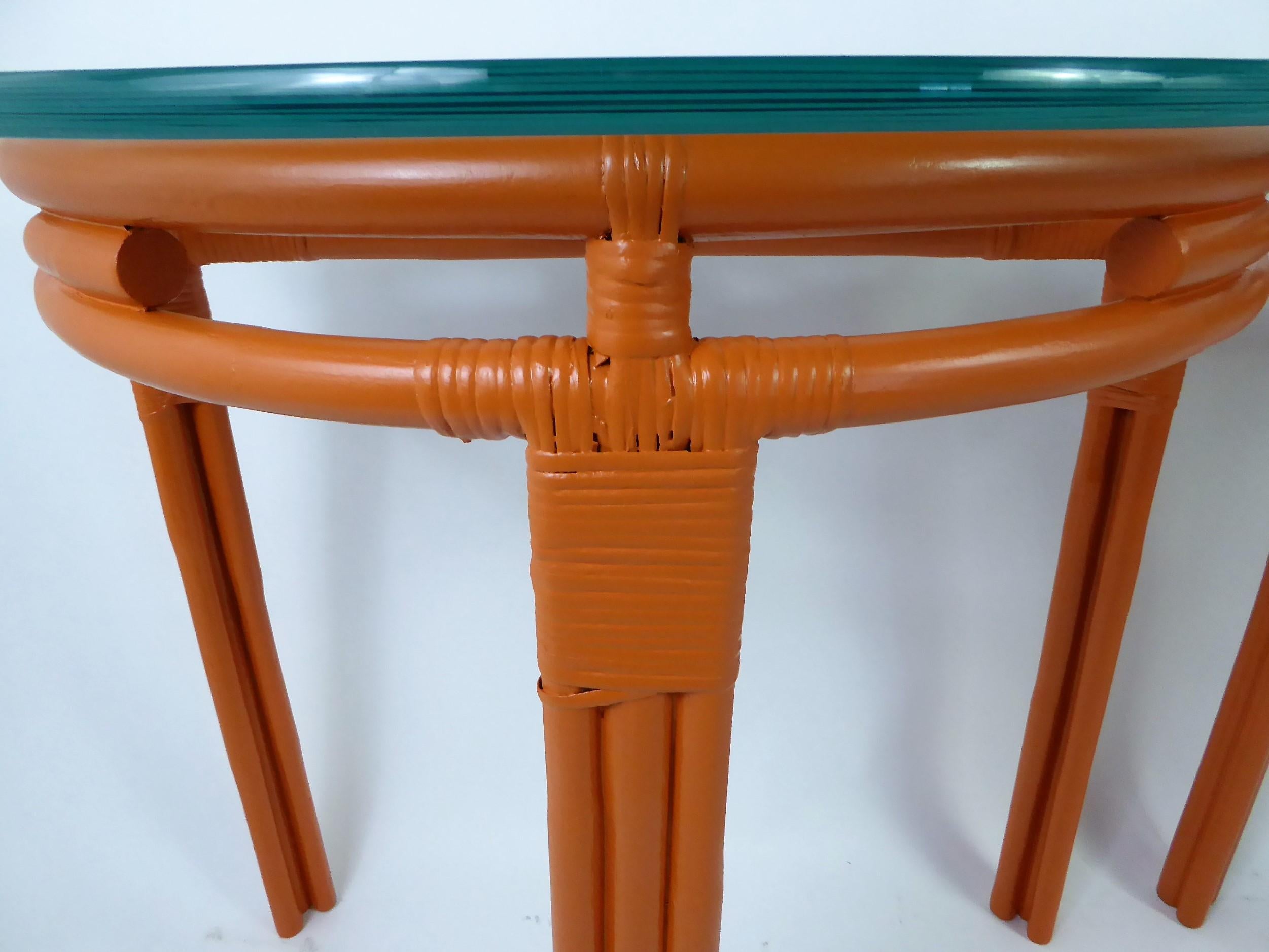 1940s Painted Rattan Demilune Glass Top Consoles in Hermes Orange 12