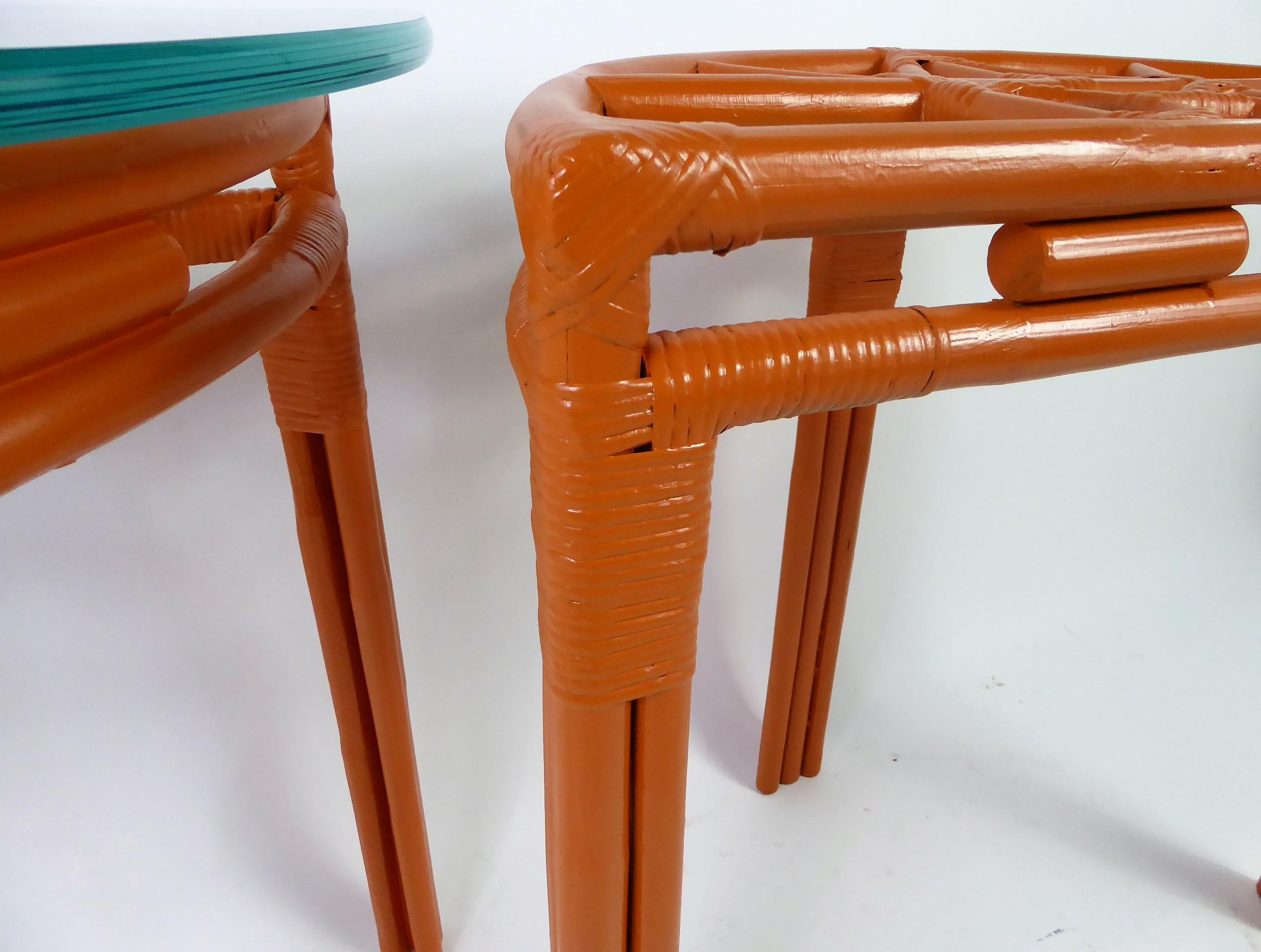 1940s Painted Rattan Demilune Glass Top Consoles in Hermes Orange 13