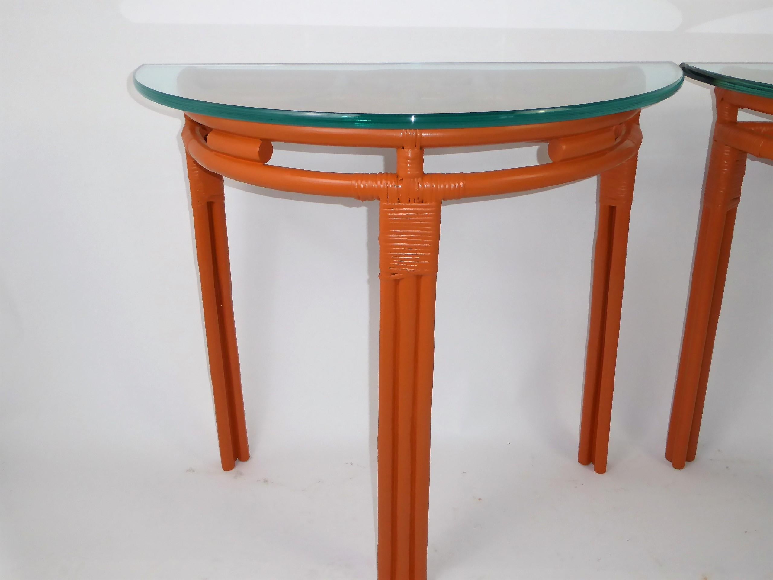 Mid-Century Modern 1940s Painted Rattan Demilune Glass Top Consoles in Hermes Orange