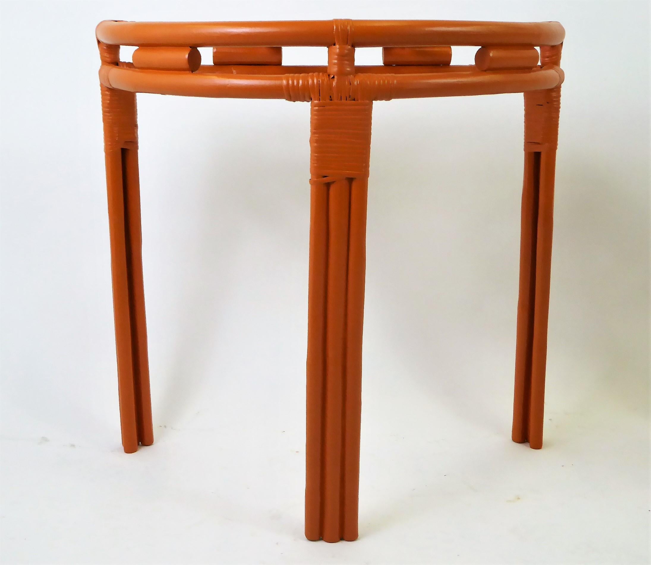 1940s Painted Rattan Demilune Glass Top Consoles in Hermes Orange In Excellent Condition In Miami, FL