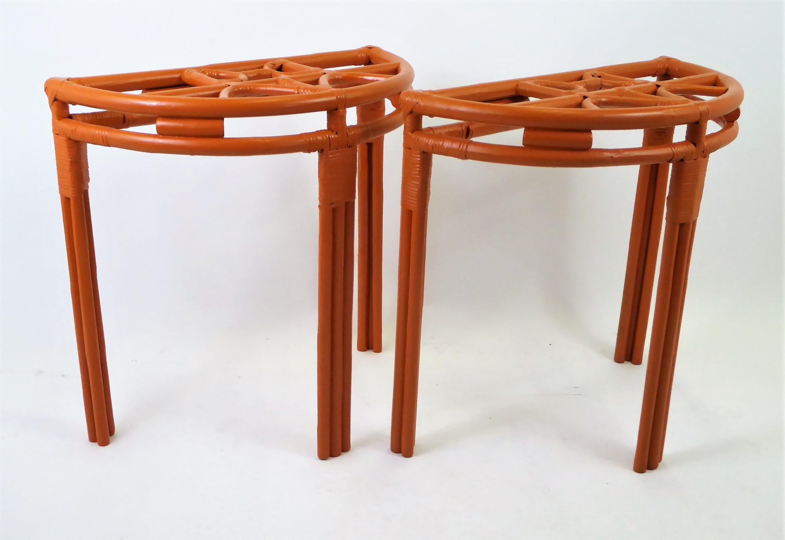 Mid-20th Century 1940s Painted Rattan Demilune Glass Top Consoles in Hermes Orange