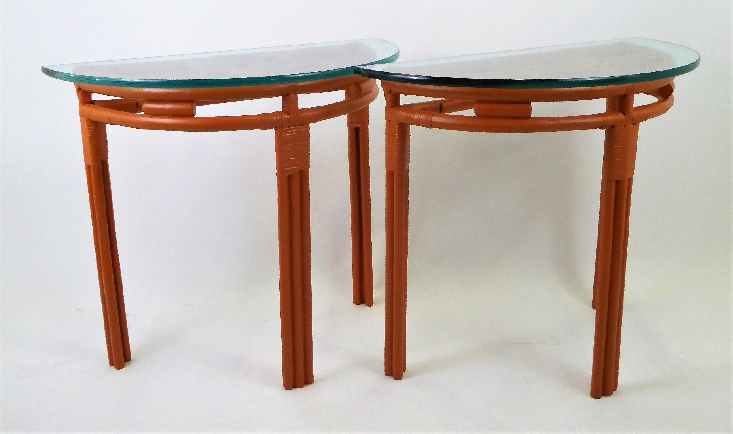 1940s Painted Rattan Demilune Glass Top Consoles in Hermes Orange 1