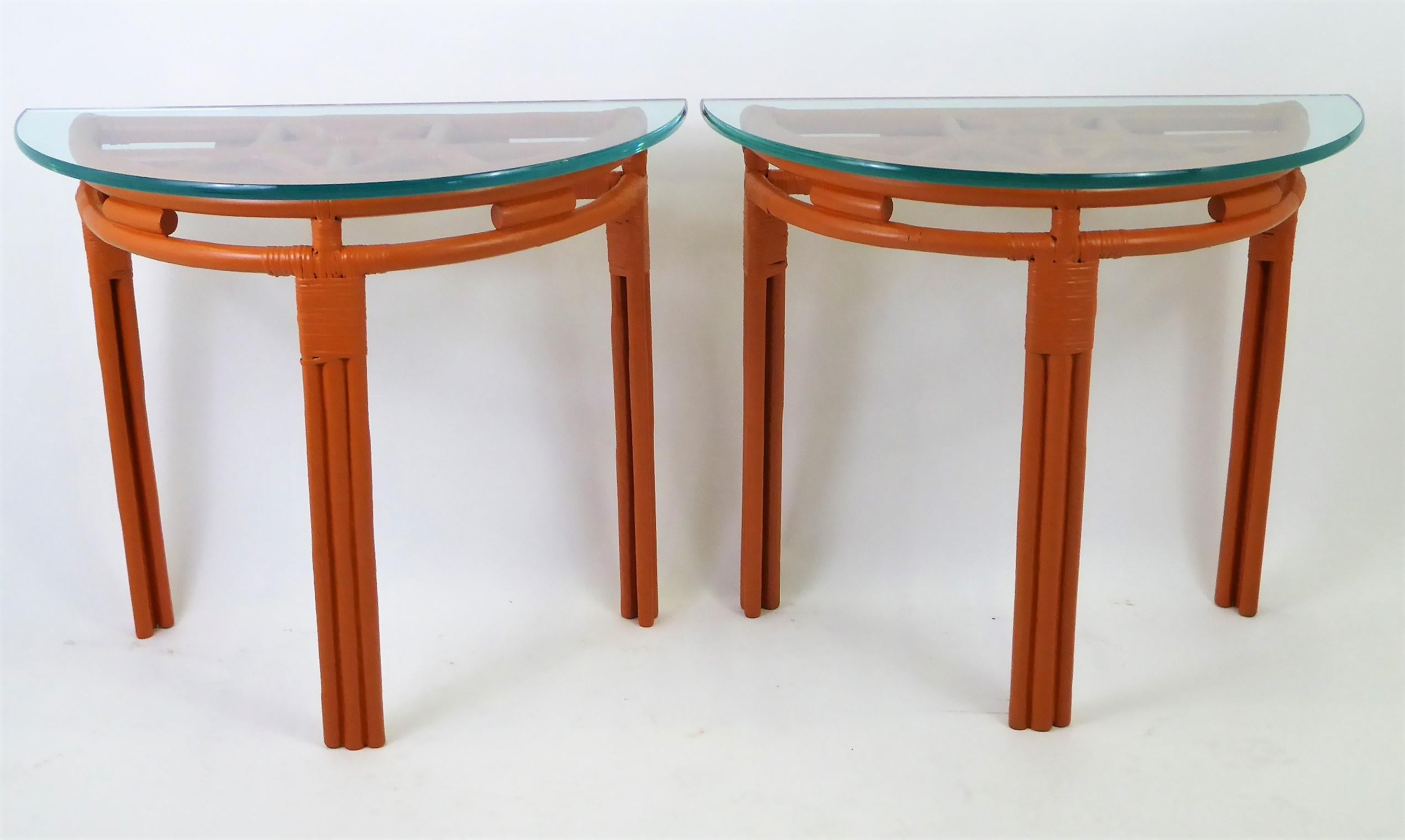 1940s Painted Rattan Demilune Glass Top Consoles in Hermes Orange 2