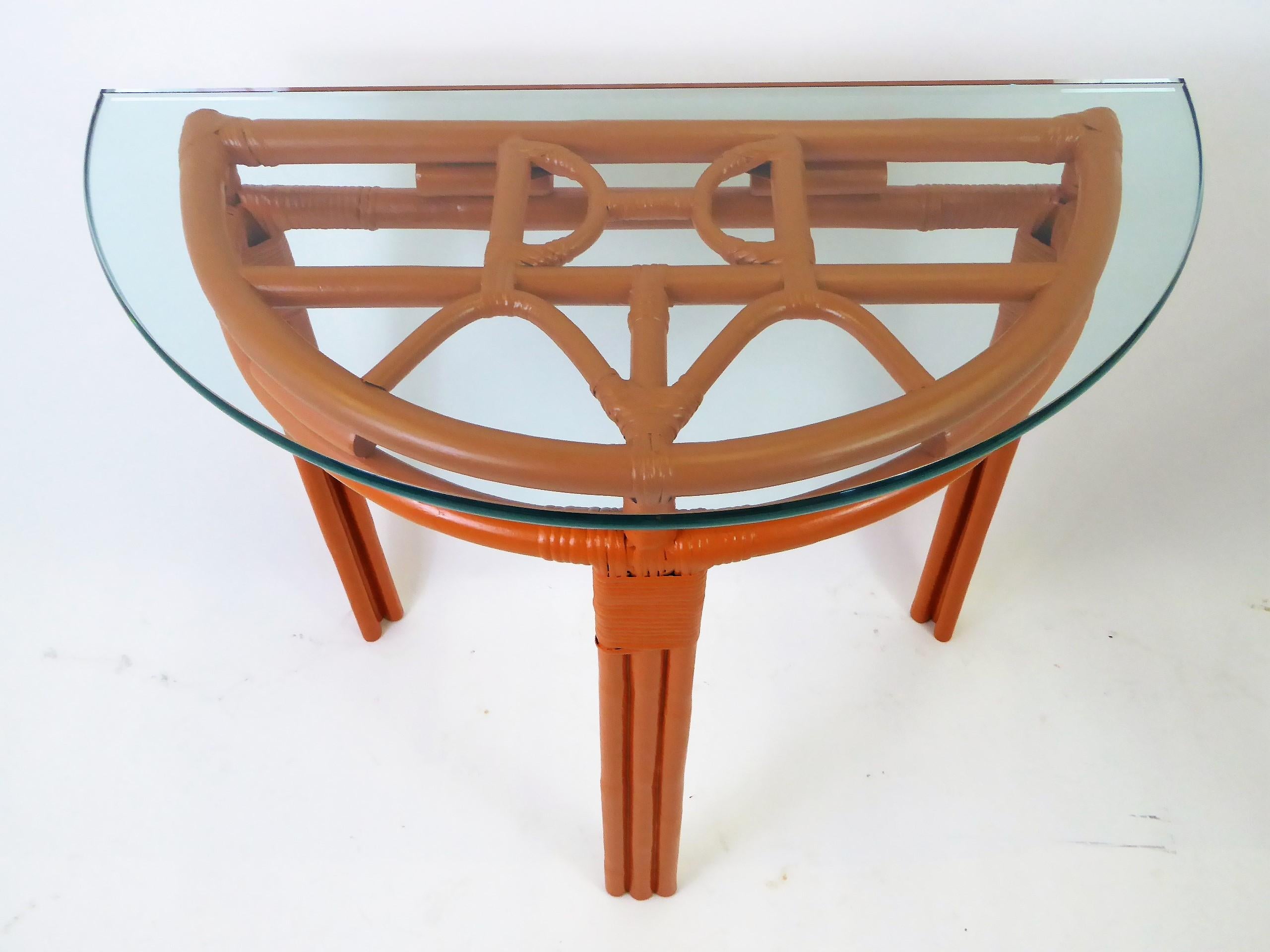 1940s Painted Rattan Demilune Glass Top Consoles in Hermes Orange 3
