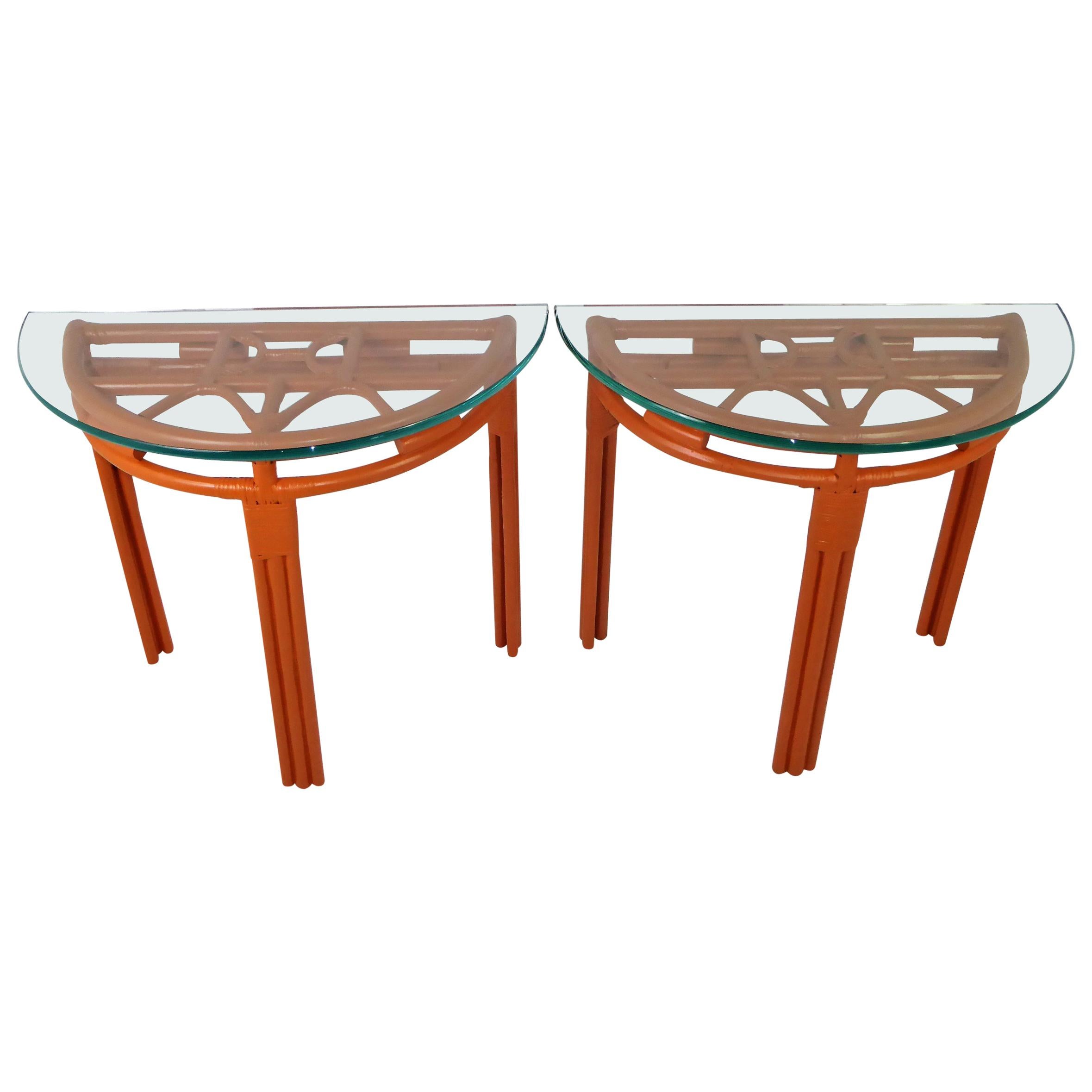 1940s Painted Rattan Demilune Glass Top Consoles in Hermes Orange
