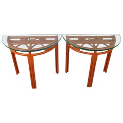 1940s Painted Rattan Demilune Glass Top Consoles in Hermes Orange