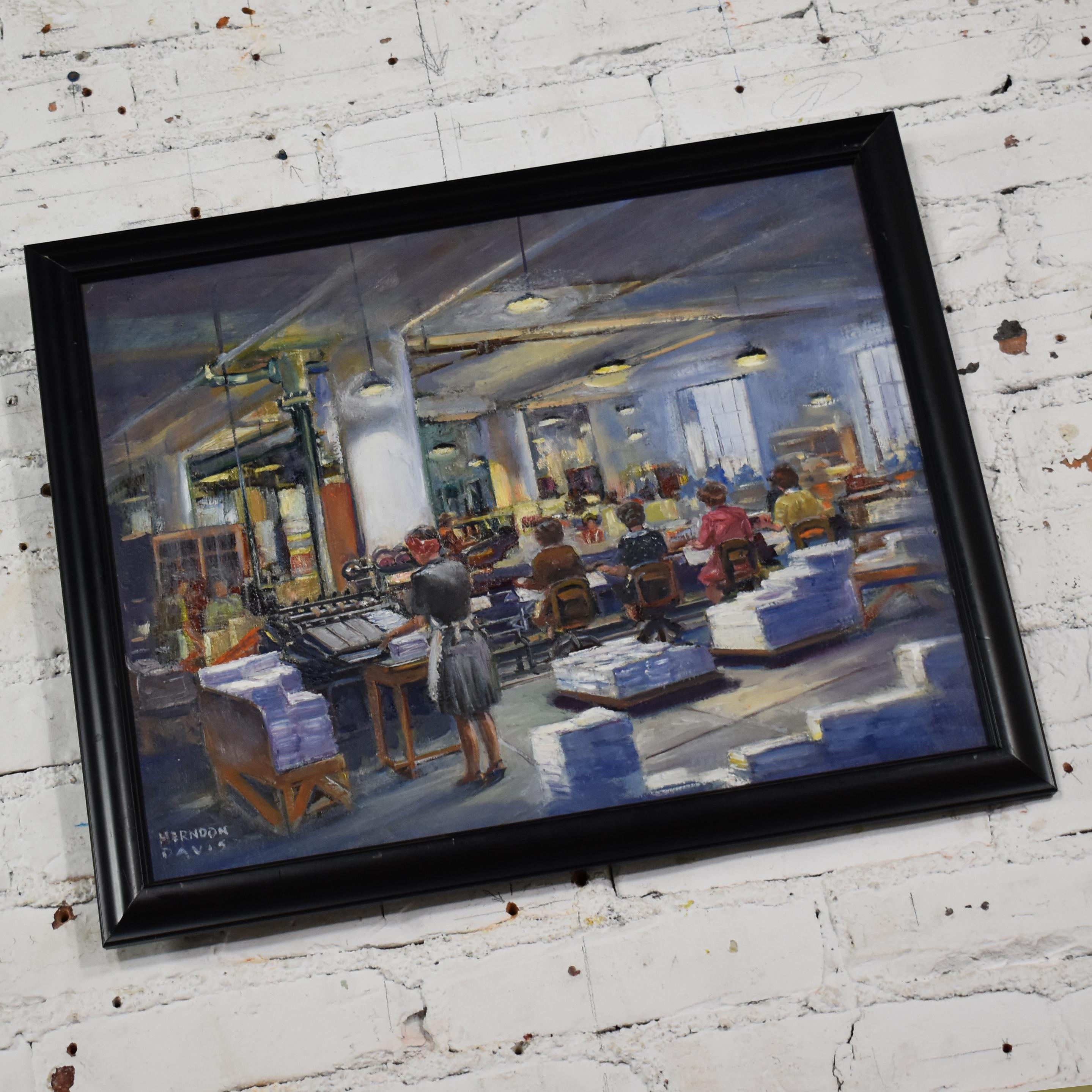 Incredible 1940s painting by Colorado artist Herndon Davis depicting an industrial interior and workers. It is in wonderful vintage condition, but you may want to reframe. Please see photos, circa 1940s.

This fabulous industrial style painting is