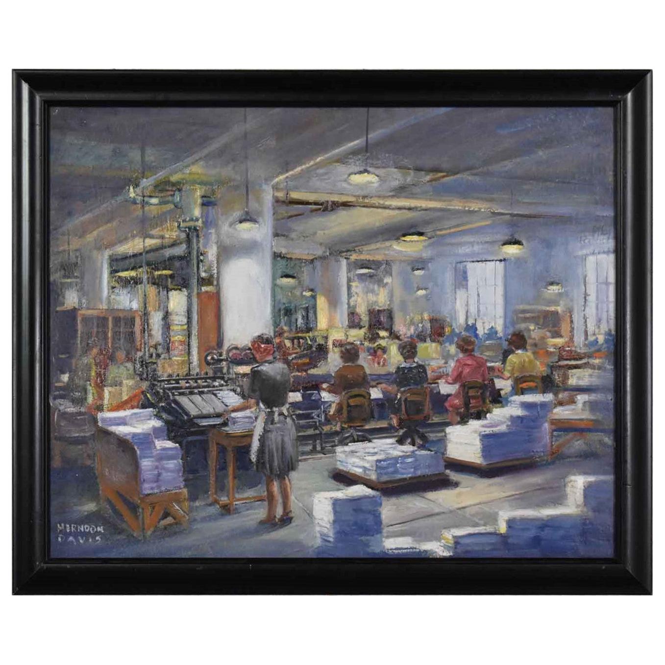 Dipinto del 1940 dell'artista del Colorado Herndon Davis raffigurante un interno industriale